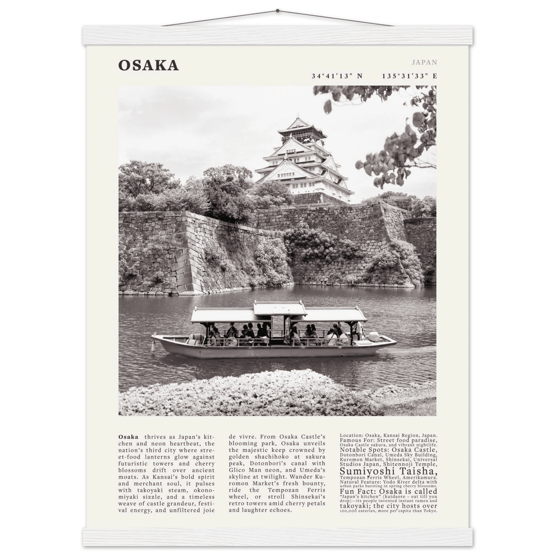 Osaka Poster Black and White – Vintage Osaka Castle Cherry Blossom Print (Digital & Printed Options) - Evergreen Posters