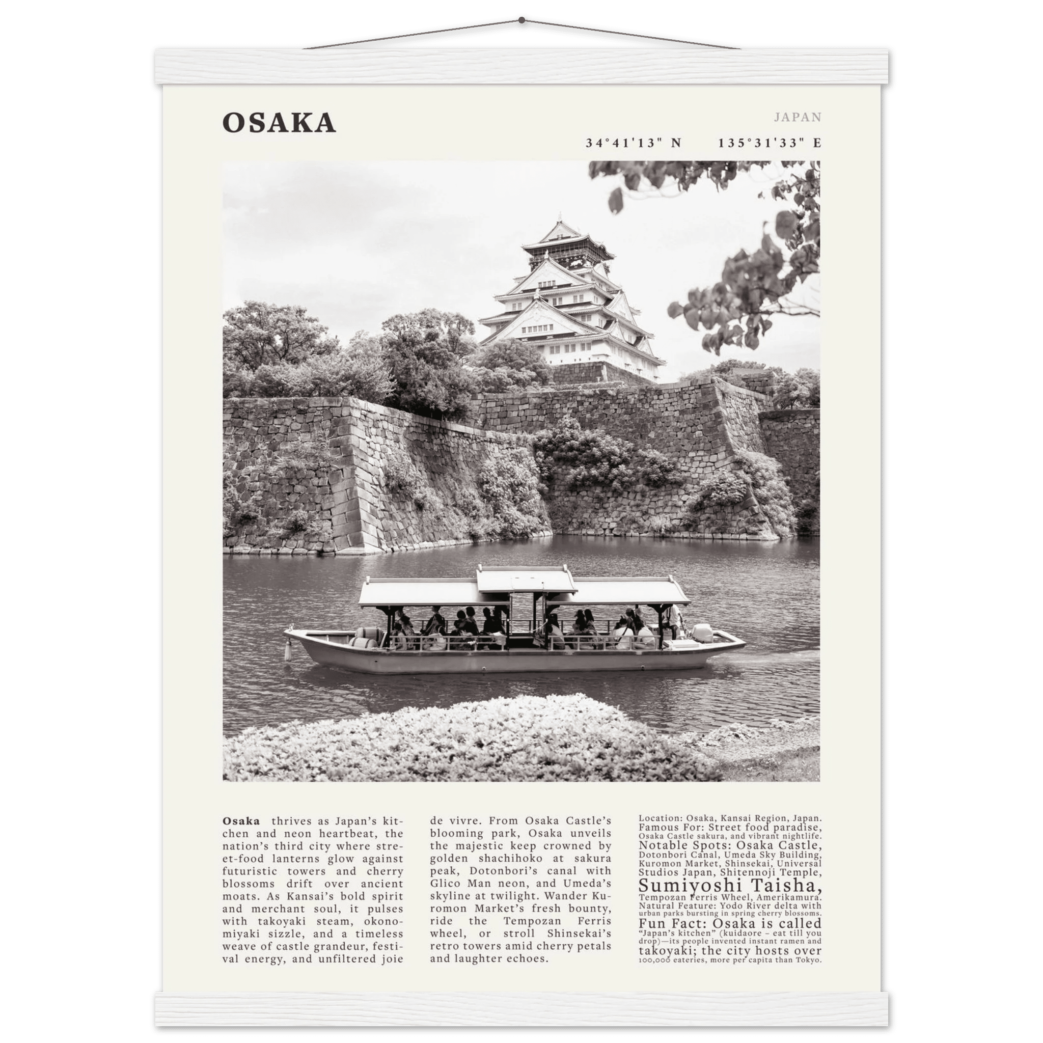 Osaka Poster Black and White – Vintage Osaka Castle Cherry Blossom Print (Digital & Printed Options) - Evergreen Posters