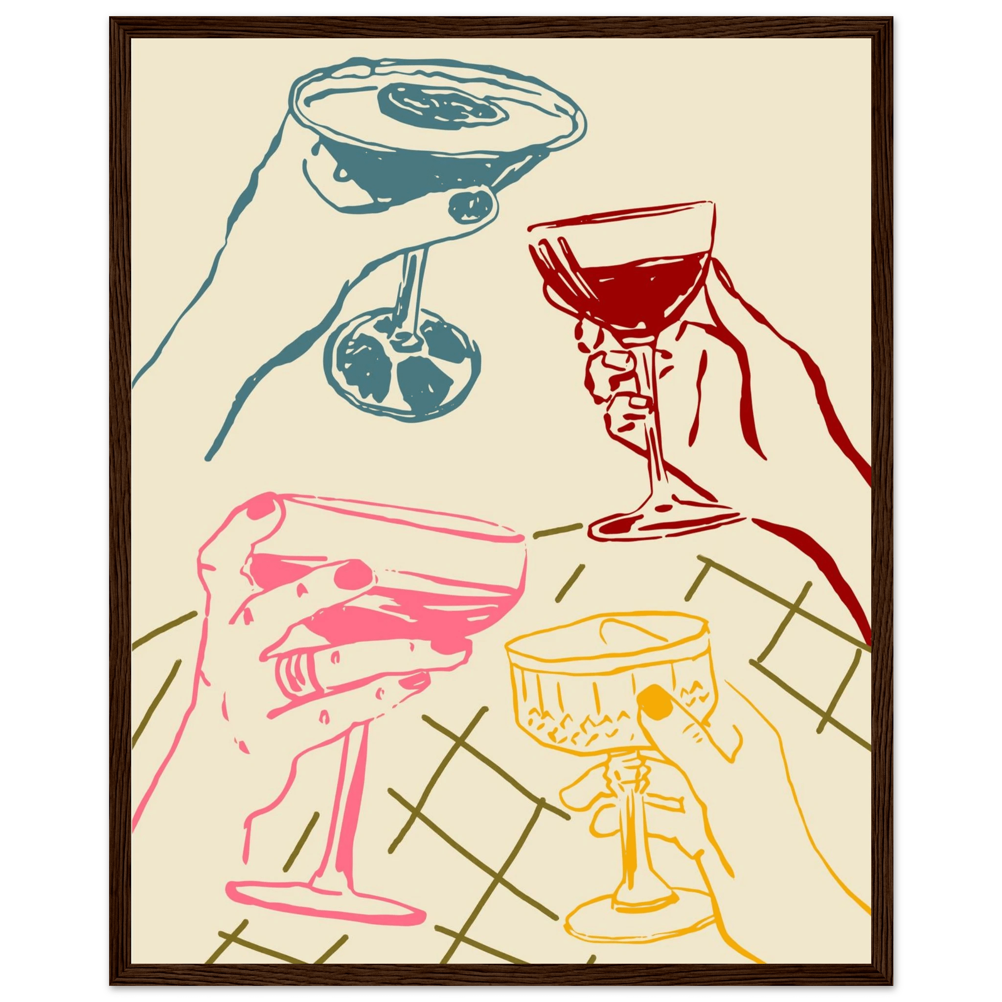 Cheers Print | Colourful Cocktail Glasses Wall Art | Kitchen Bar Poster - Evergreen Posters