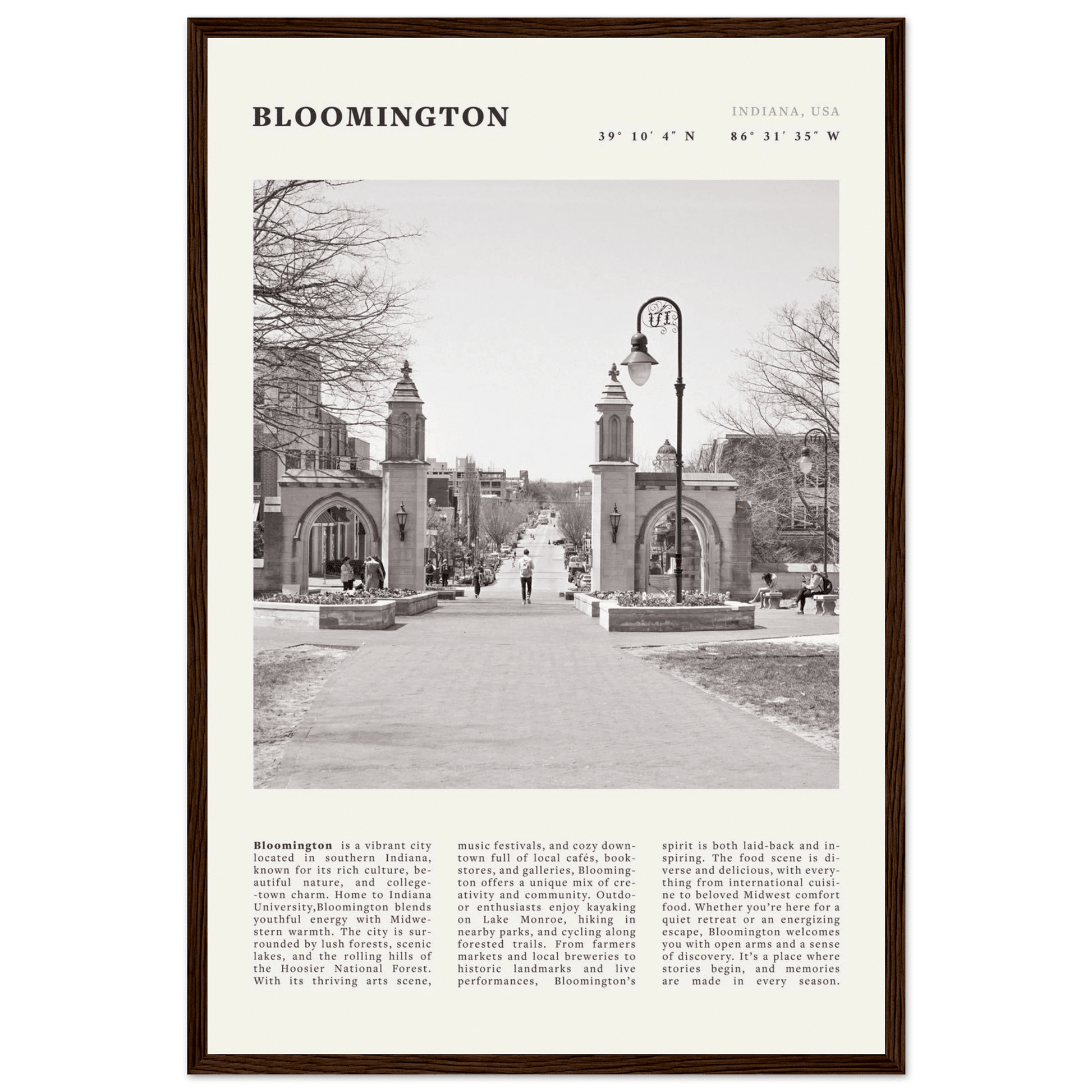 Bloomington Indiana Black and White Vintage Poster - Evergreen Posters