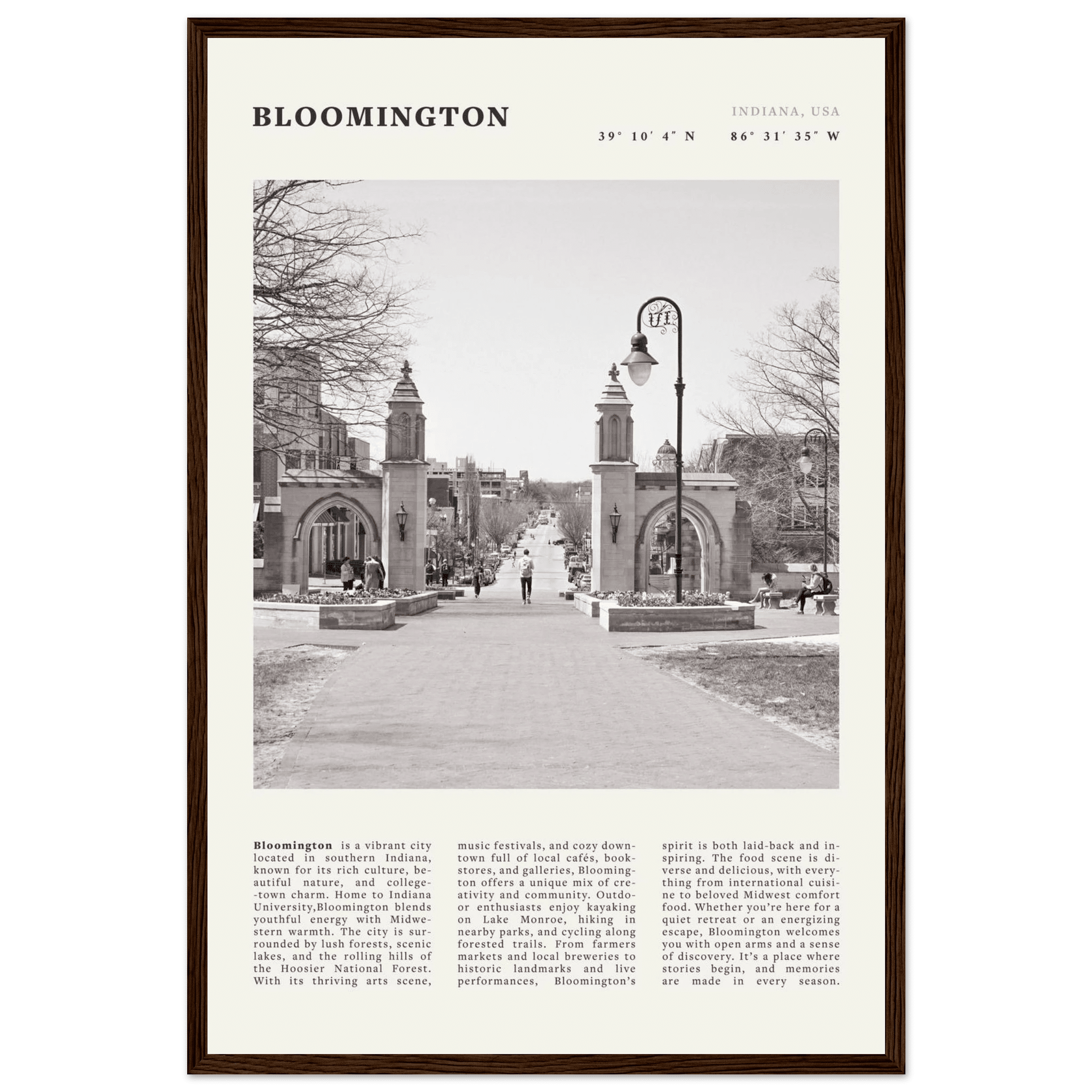 Bloomington Indiana Black and White Vintage Poster - Evergreen Posters