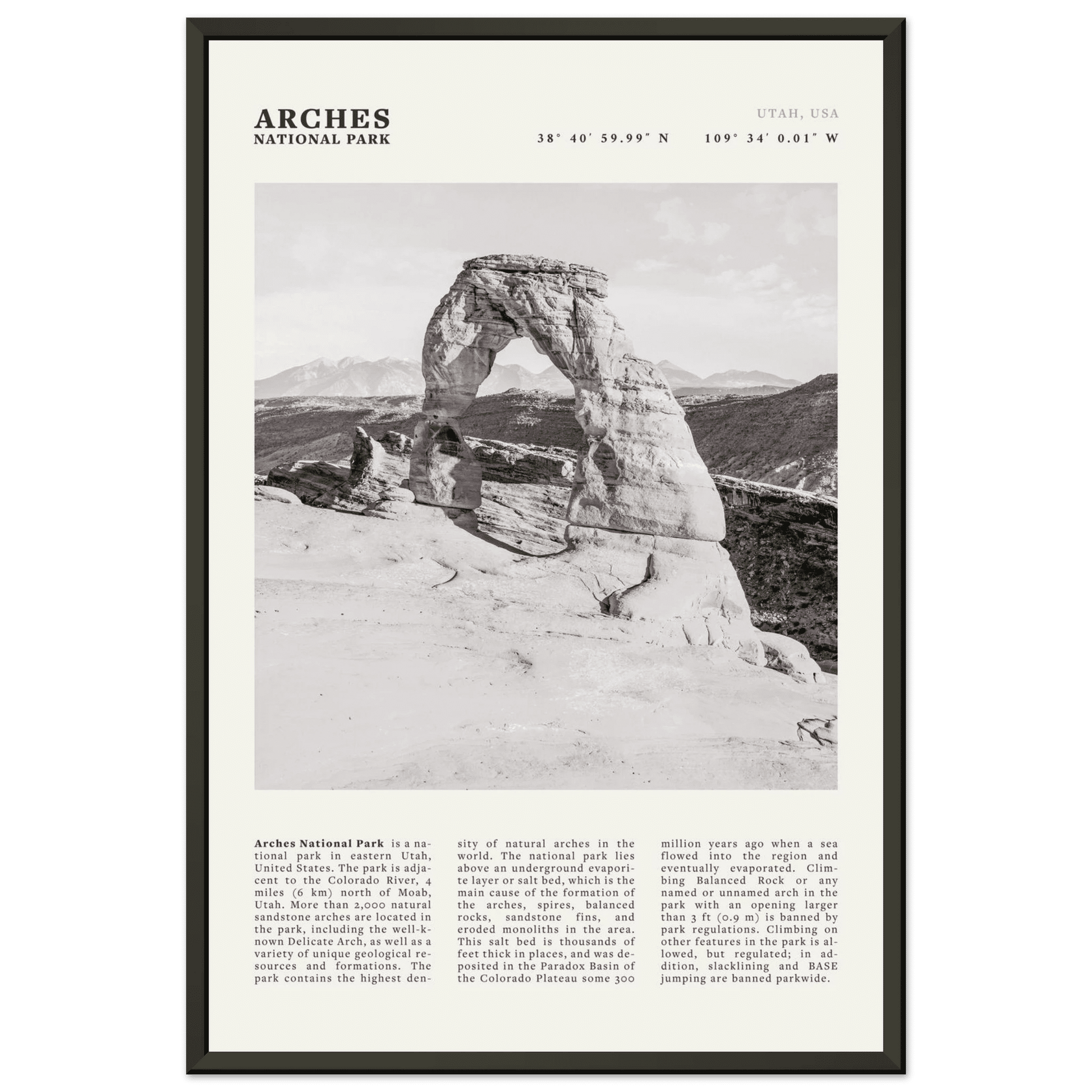 Arches National Park Poster | Black & White Utah Wall Art | Delicate Arch Print - Evergreen Posters