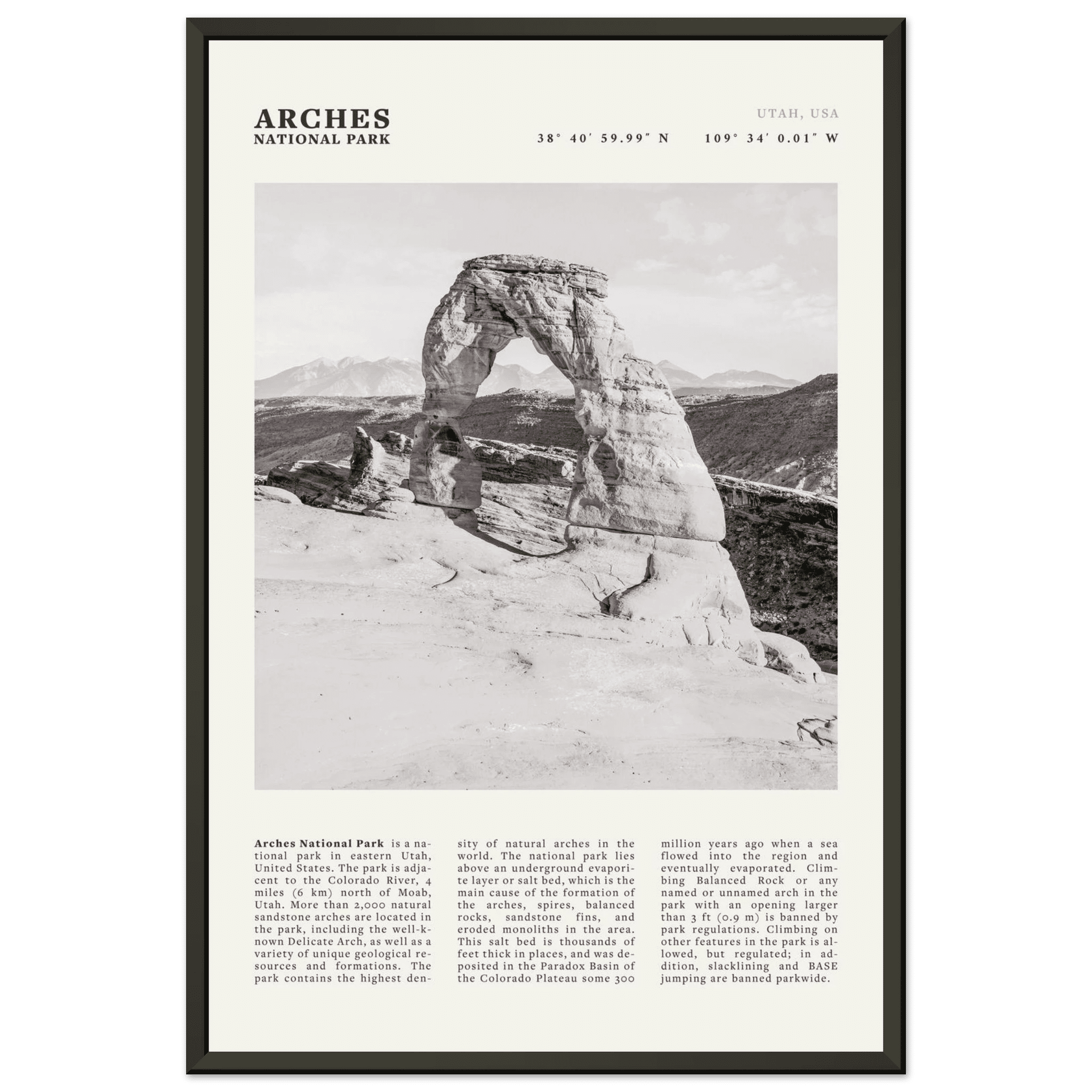 Arches National Park Poster | Black & White Utah Wall Art | Delicate Arch Print - Evergreen Posters