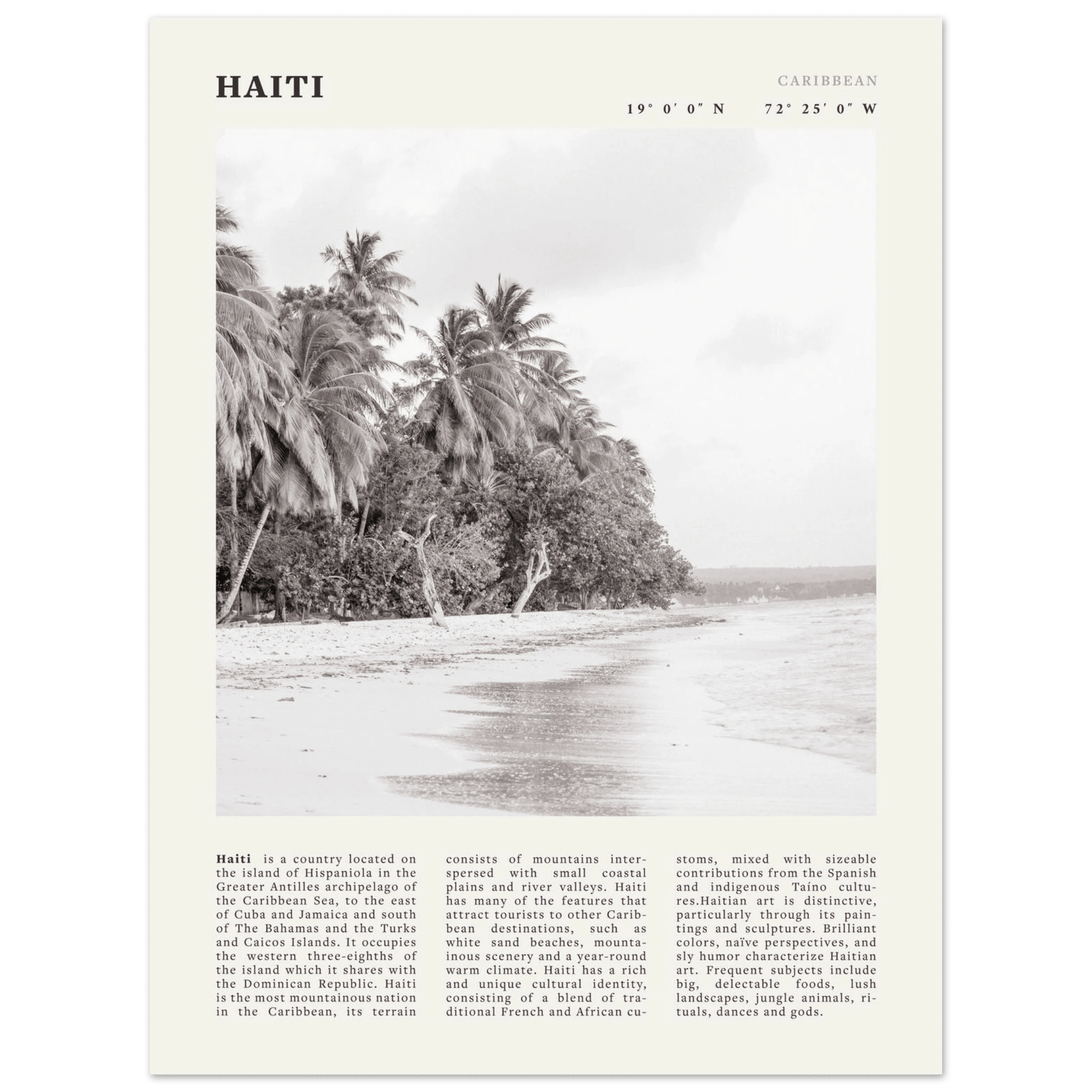 Haiti Poster | Black & White Caribbean Beach Wall Art | Tropical Travel Print - Evergreen Posters
