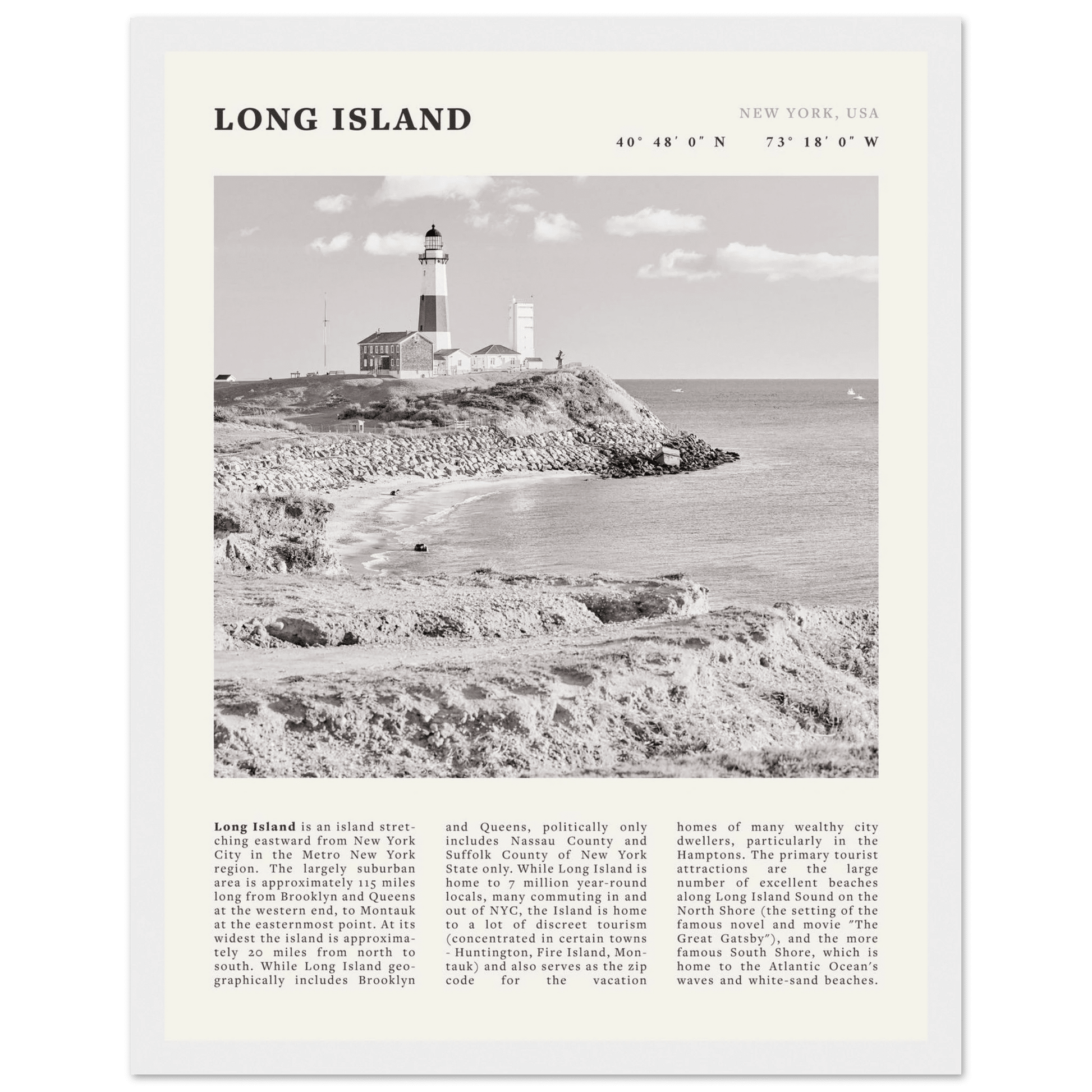 Long Island Poster | Black & White Montauk Lighthouse Wall Art | New York Print - Evergreen Posters