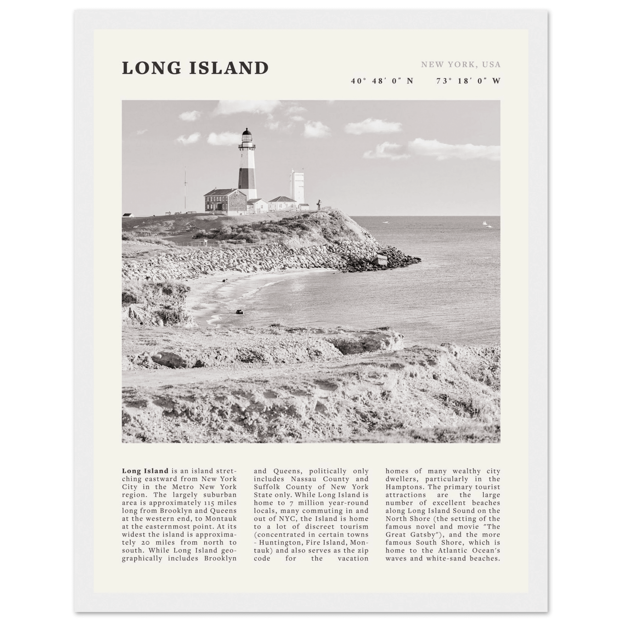 Long Island Poster | Black & White Montauk Lighthouse Wall Art | New York Print - Evergreen Posters