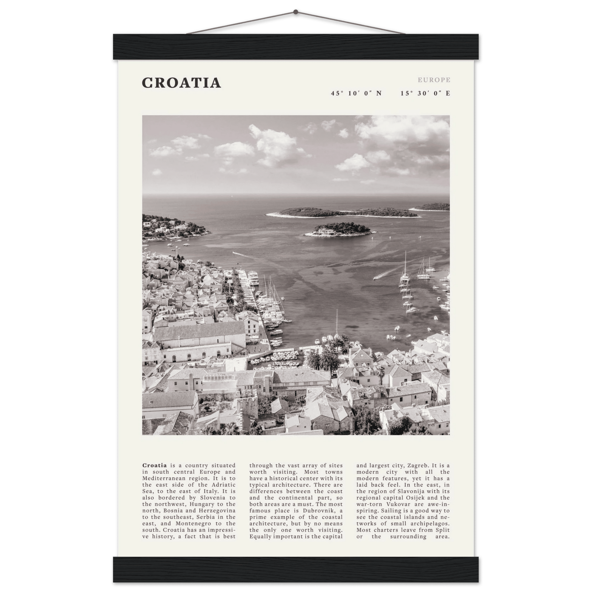 Croatia Poster | Black & White Hvar Island Wall Art | Adriatic Travel Print Decor - Evergreen Posters