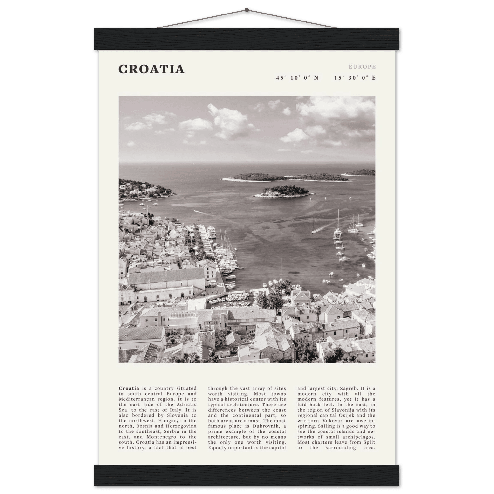 Croatia Poster | Black & White Hvar Island Wall Art | Adriatic Travel Print Decor - Evergreen Posters
