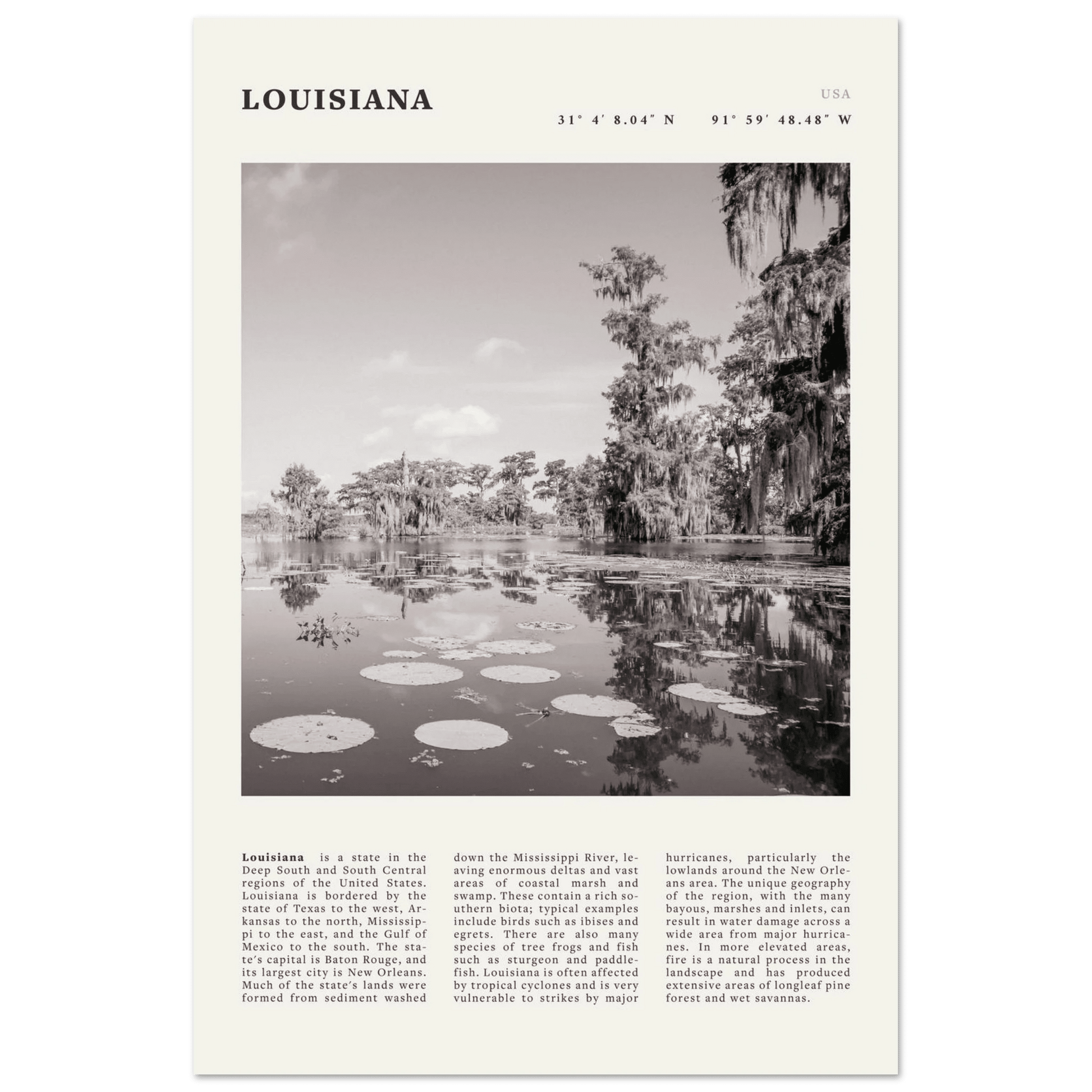 Louisiana Poster | Black & White Bayou Wall Art | Southern USA Travel Print Decor - Evergreen Posters