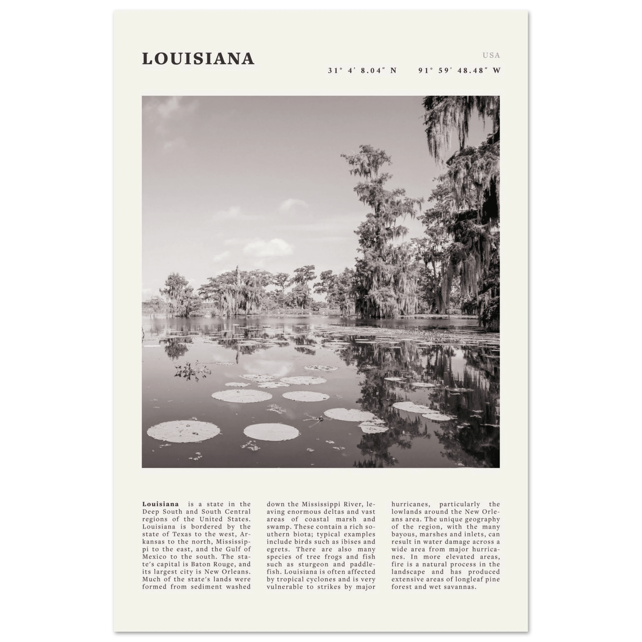Louisiana Poster | Black & White Bayou Wall Art | Southern USA Travel Print Decor - Evergreen Posters