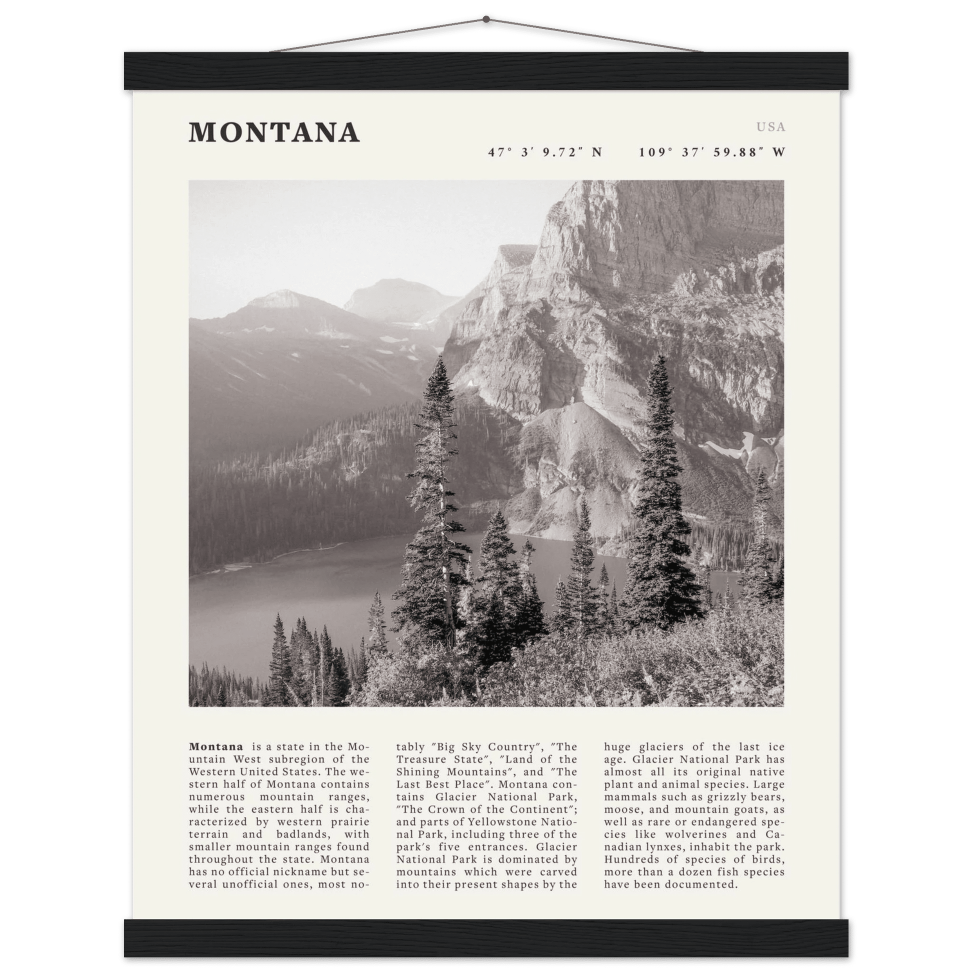 Montana Poster | Black & White Glacier National Park Wall Art | Nature Travel Print - Evergreen Posters
