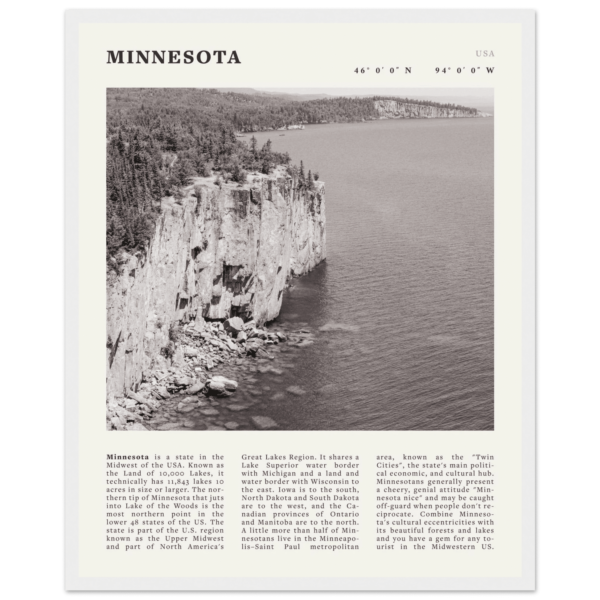 Minnesota Poster | Black & White Lake Superior Wall Art | USA Nature Travel Print - Evergreen Posters