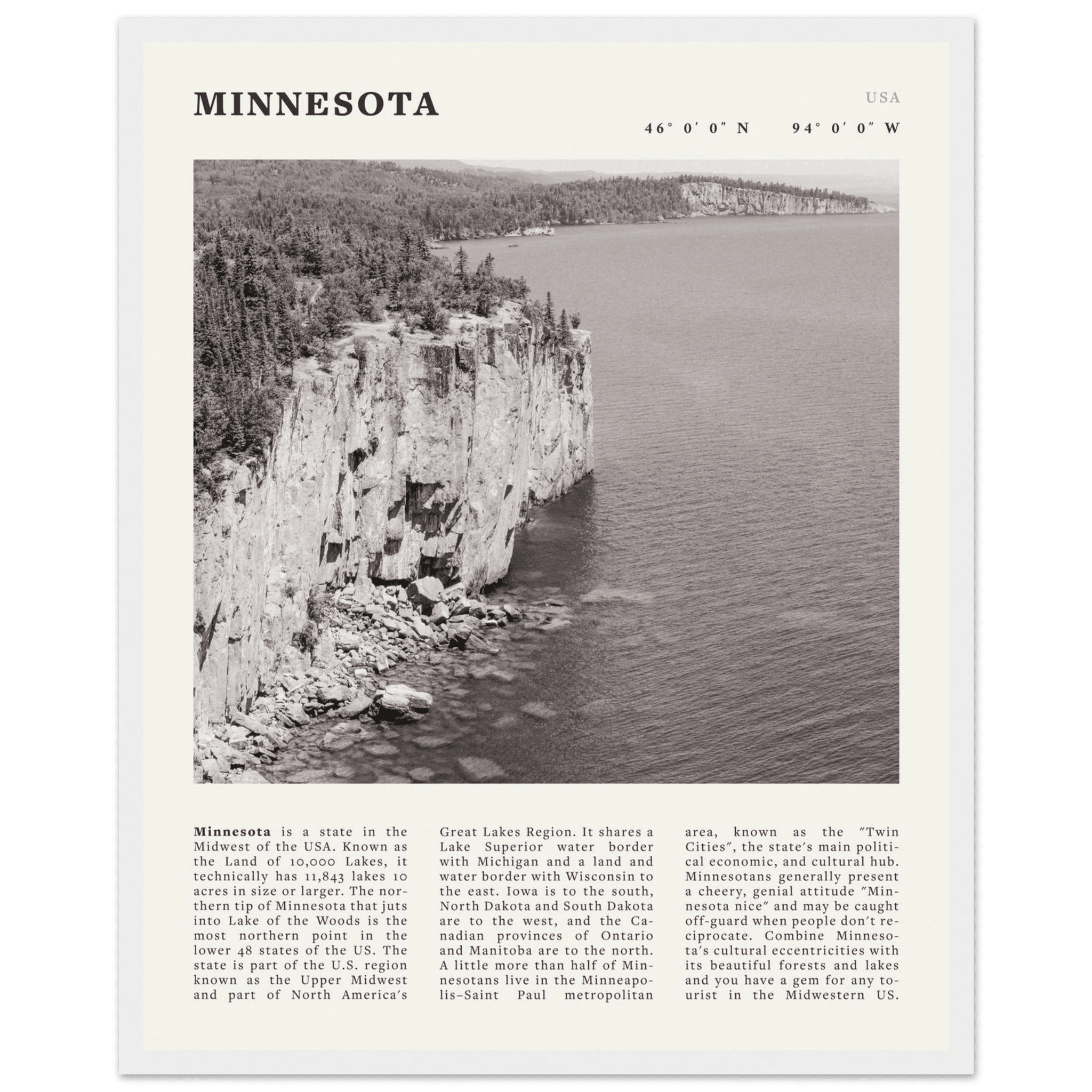 Minnesota Poster | Black & White Lake Superior Wall Art | USA Nature Travel Print - Evergreen Posters