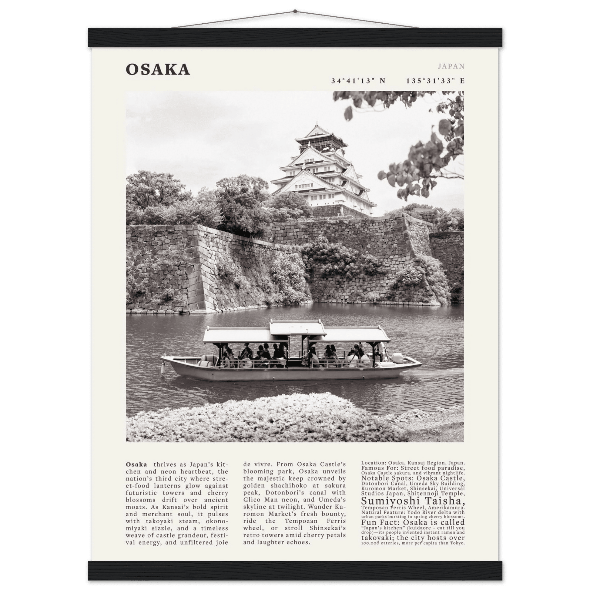 Osaka Poster Black and White – Vintage Osaka Castle Cherry Blossom Print (Digital & Printed Options) - Evergreen Posters