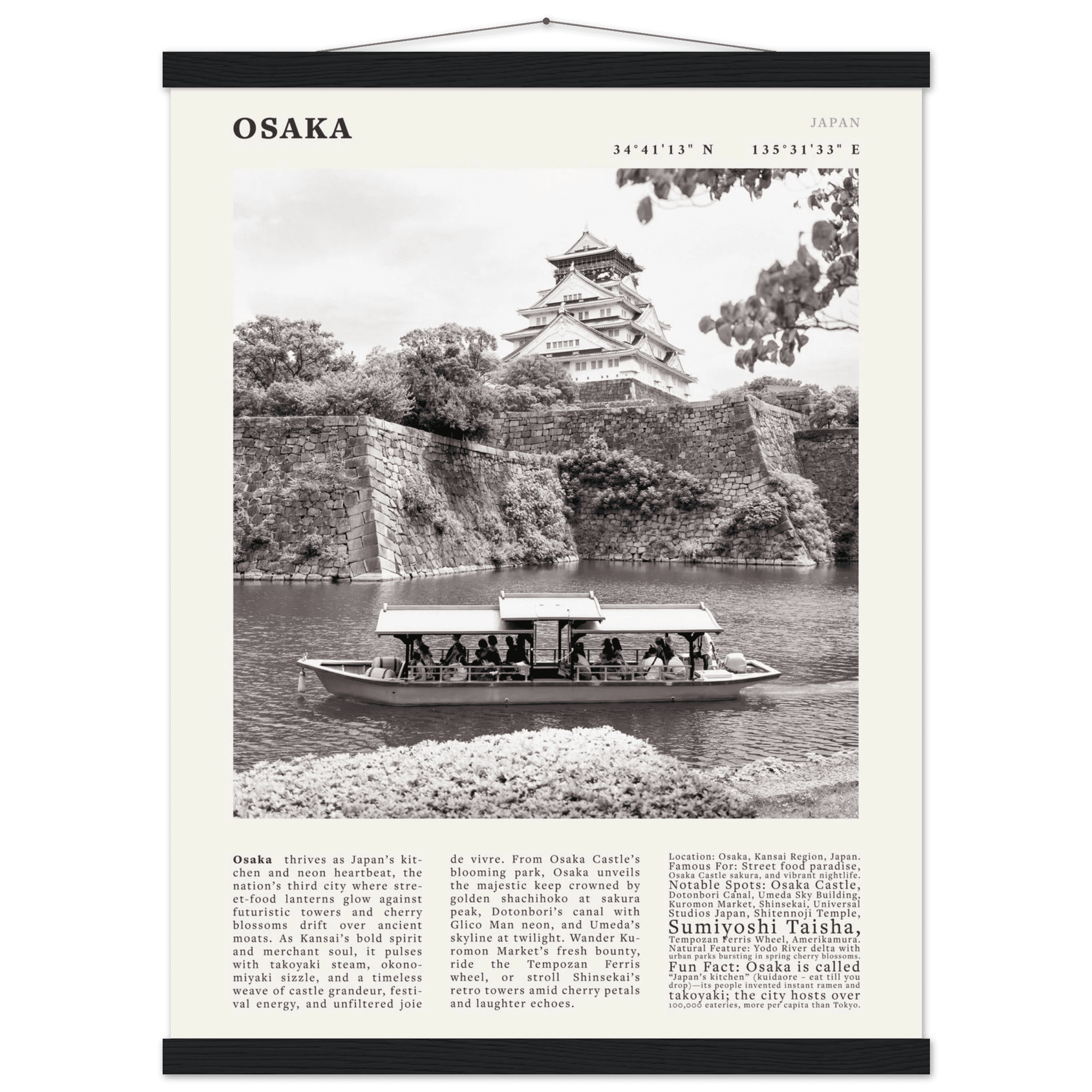 Osaka Poster Black and White – Vintage Osaka Castle Cherry Blossom Print (Digital & Printed Options) - Evergreen Posters