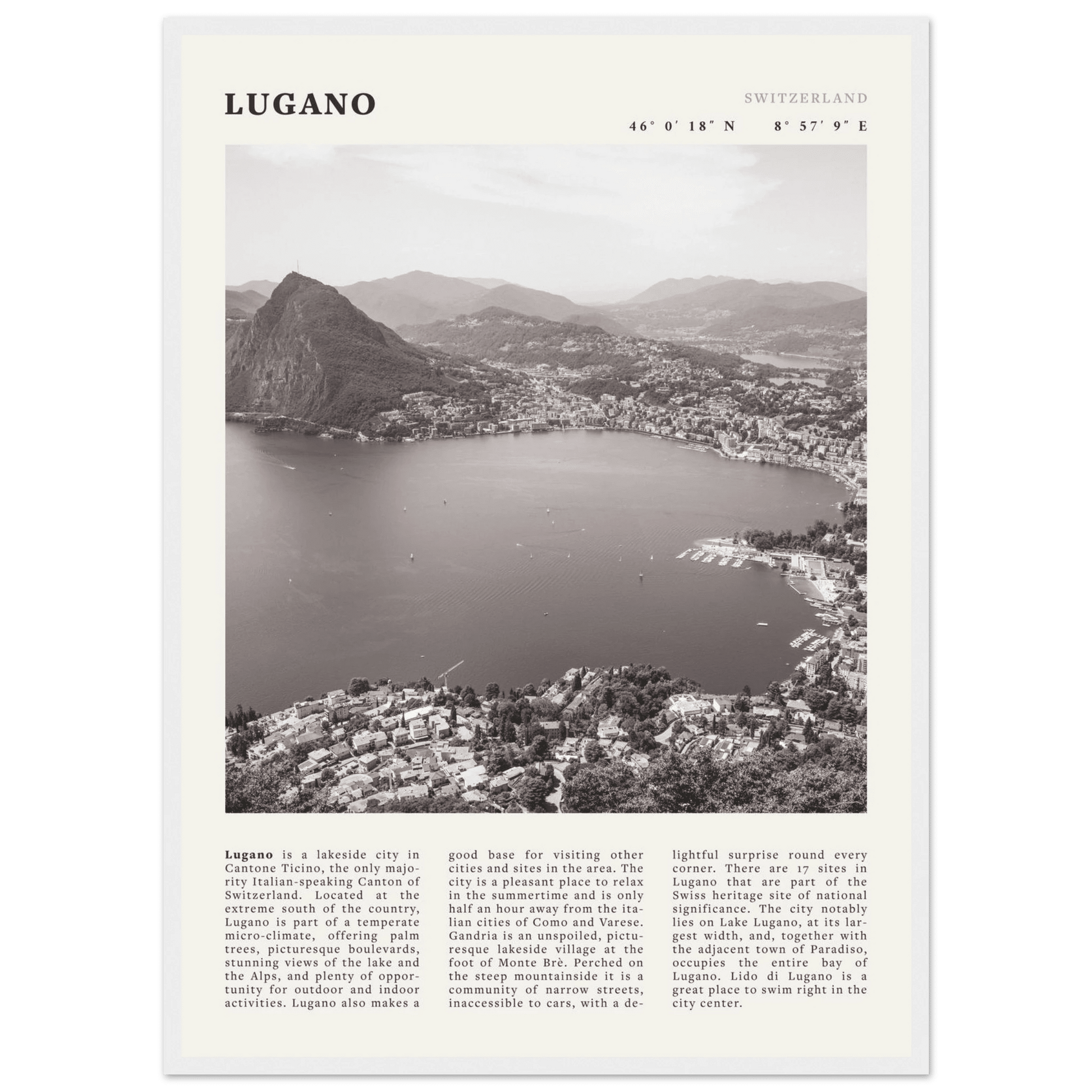 Lugano Poster | Black & White Swiss Lake Wall Art | Switzerland Travel Print - Evergreen Posters