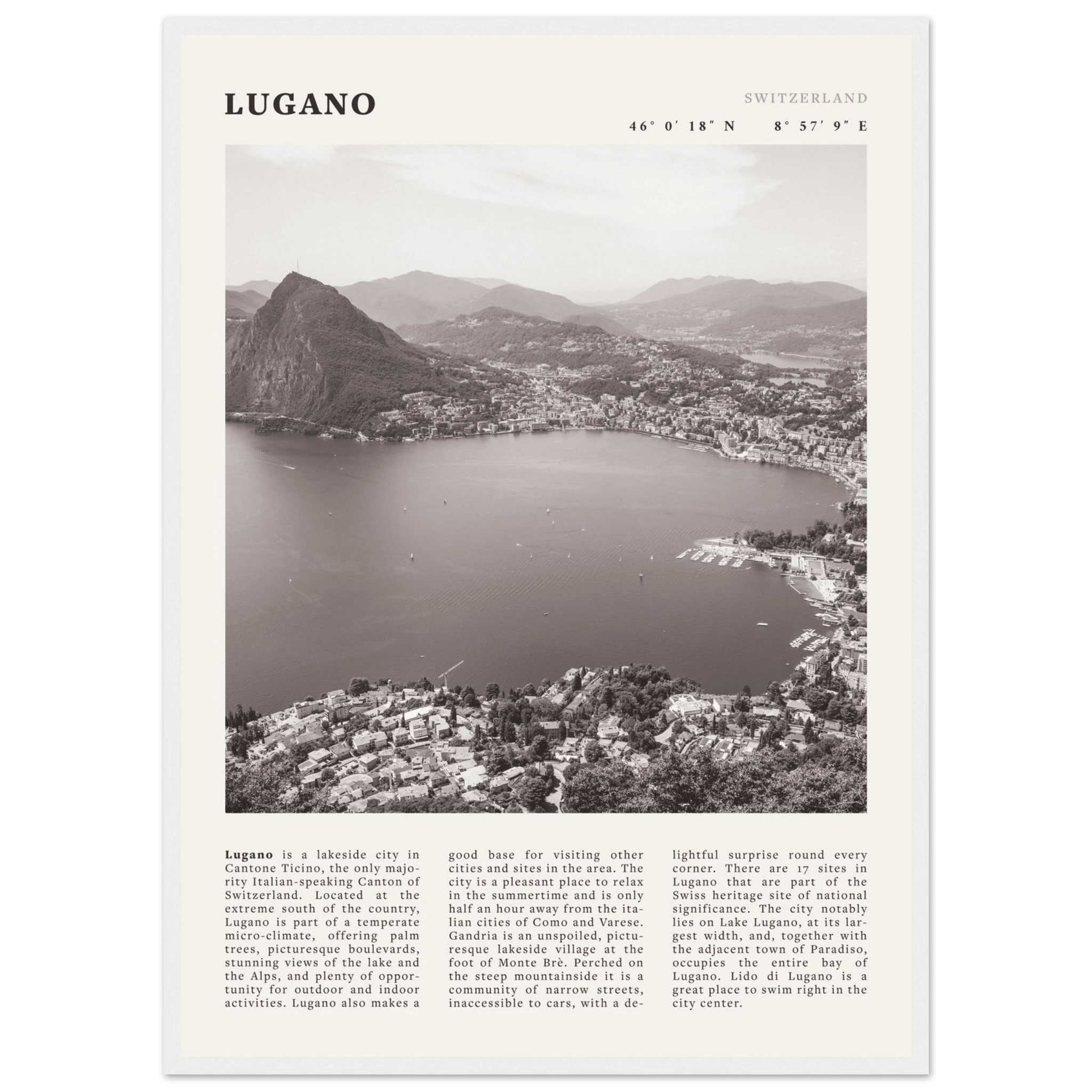 Lugano Poster | Black & White Swiss Lake Wall Art | Switzerland Travel Print - Evergreen Posters