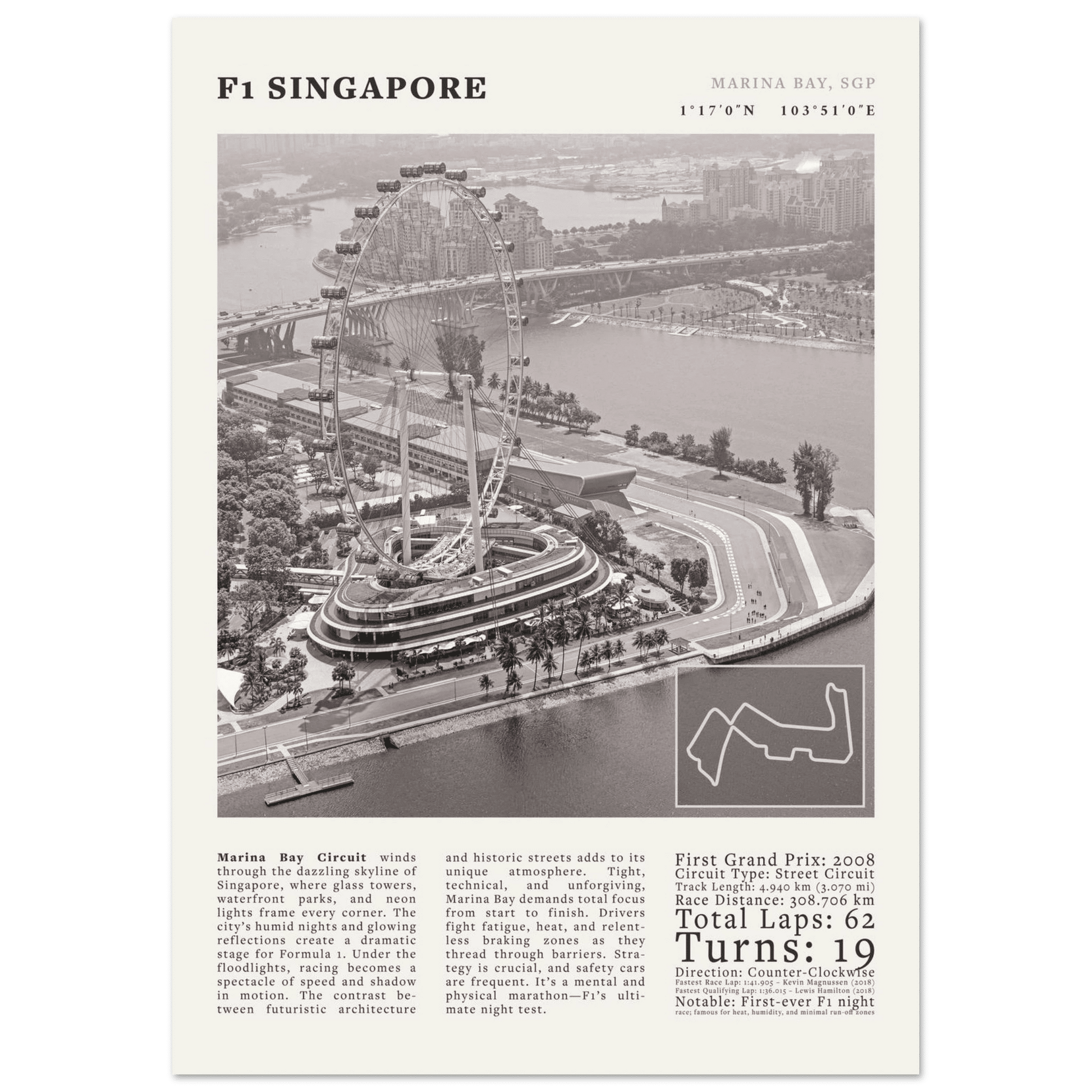 F1 Singapore Poster Black and White – Vintage Marina Bay Night Race Print (Digital & Printed Options) - Evergreen Posters