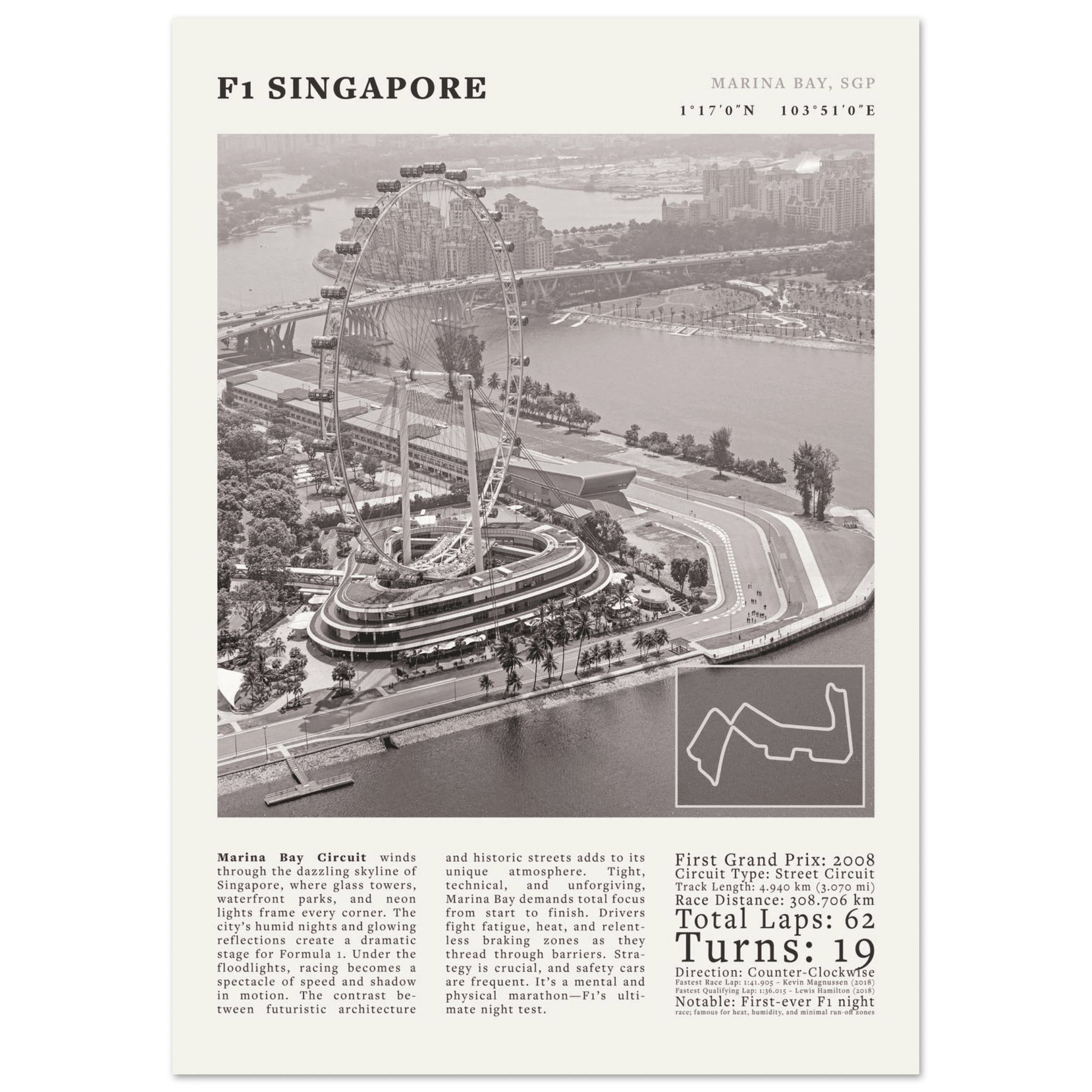 F1 Singapore Poster Black and White – Vintage Marina Bay Night Race Print (Digital & Printed Options) - Evergreen Posters
