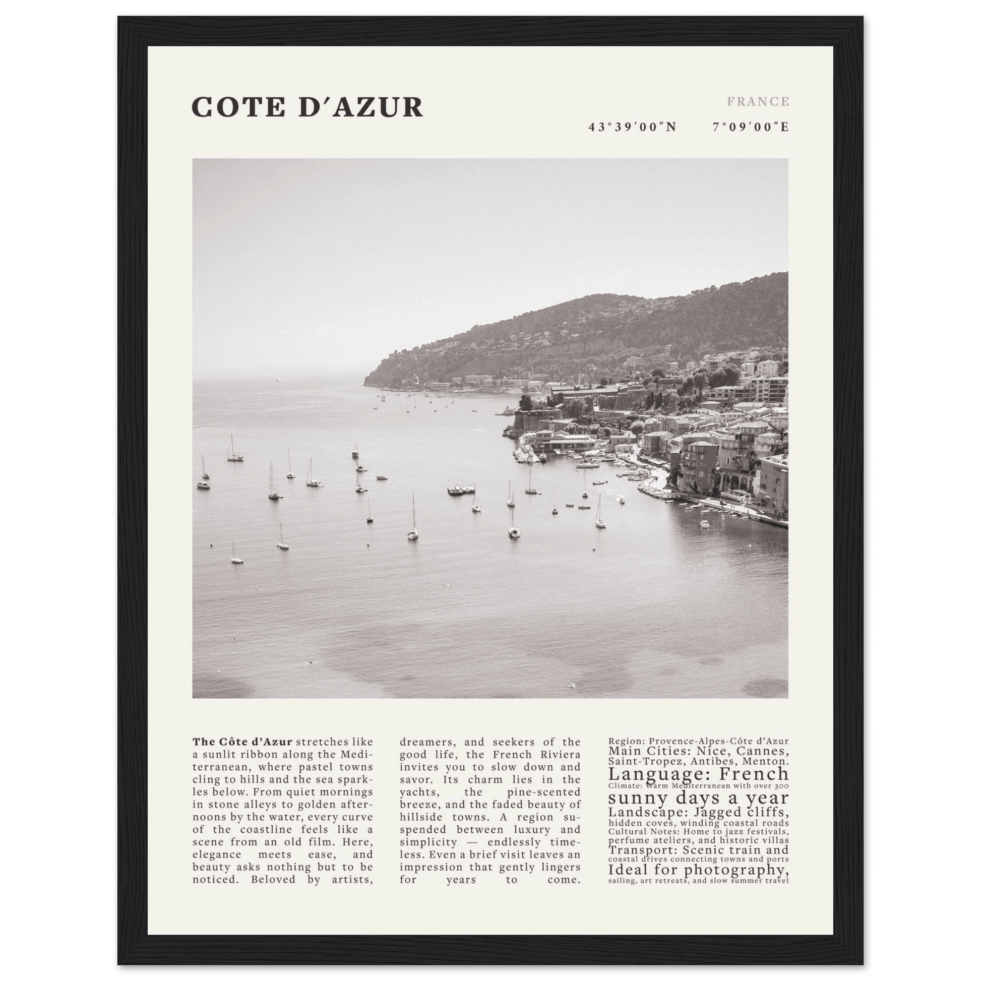 Côte d'Azur Poster Black and White – Vintage French Riviera Coast Print (Digital & Printed Options) - Evergreen Posters