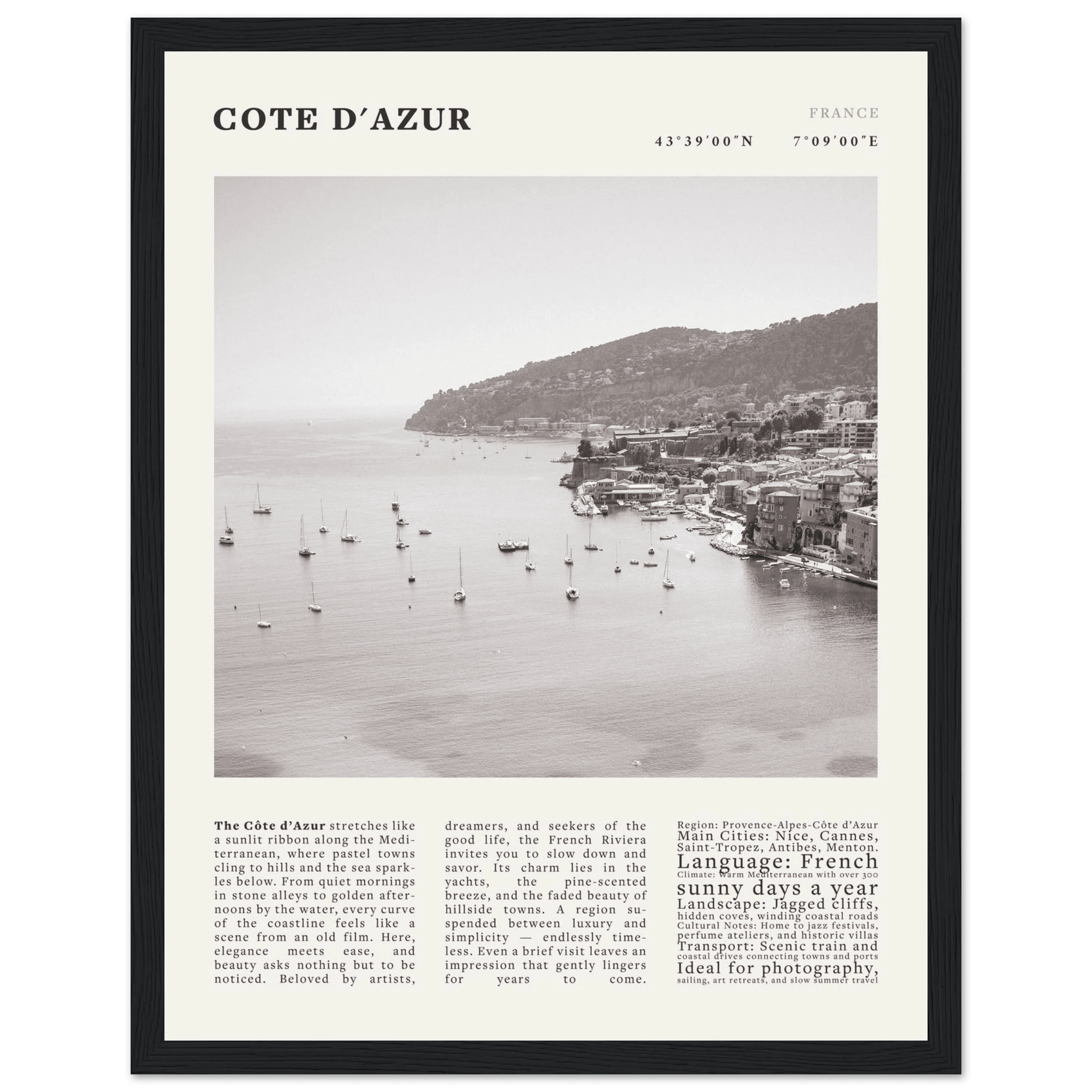Côte d'Azur Poster Black and White – Vintage French Riviera Coast Print (Digital & Printed Options) - Evergreen Posters