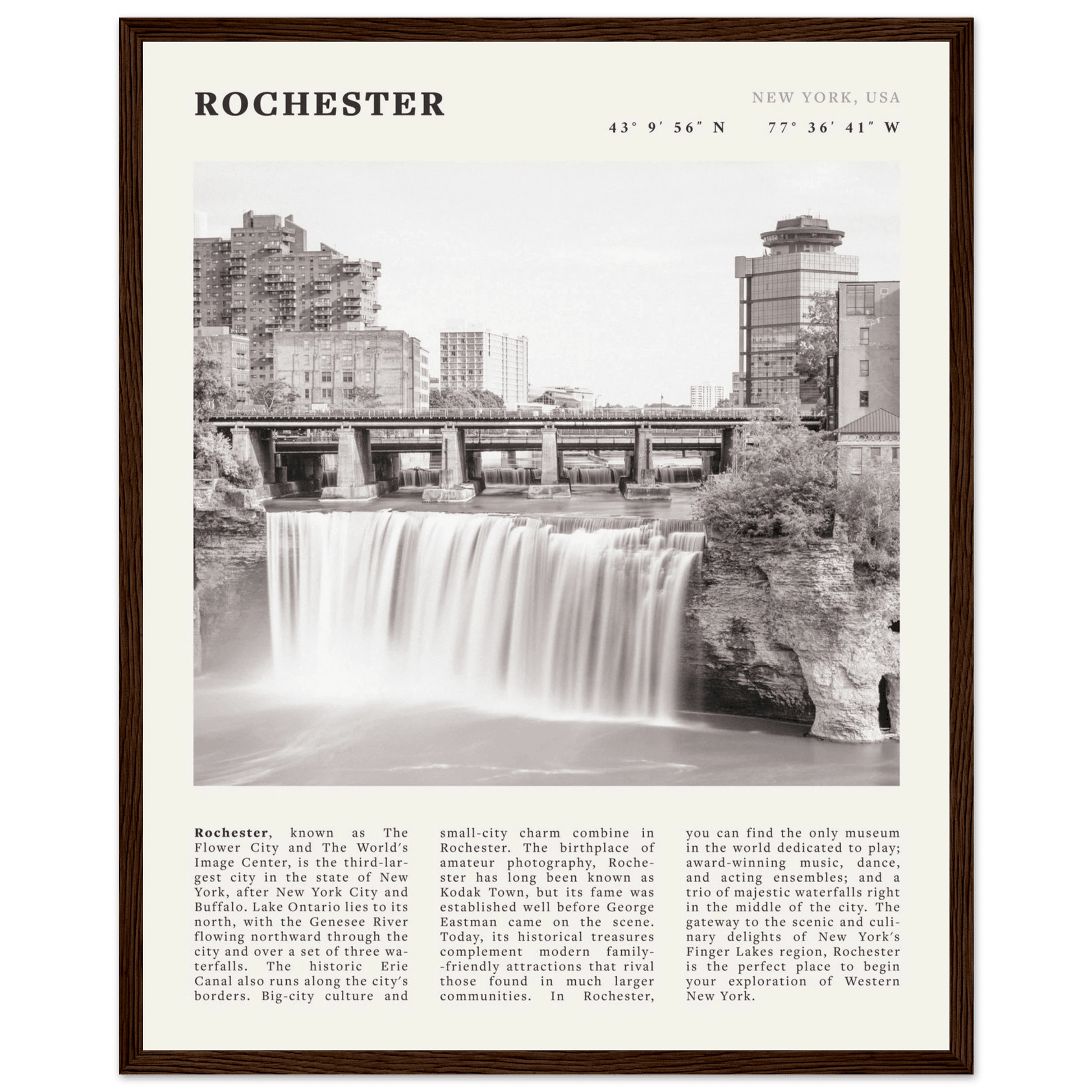 Rochester Poster | Black & White High Falls Wall Art | New York Travel Print - Evergreen Posters