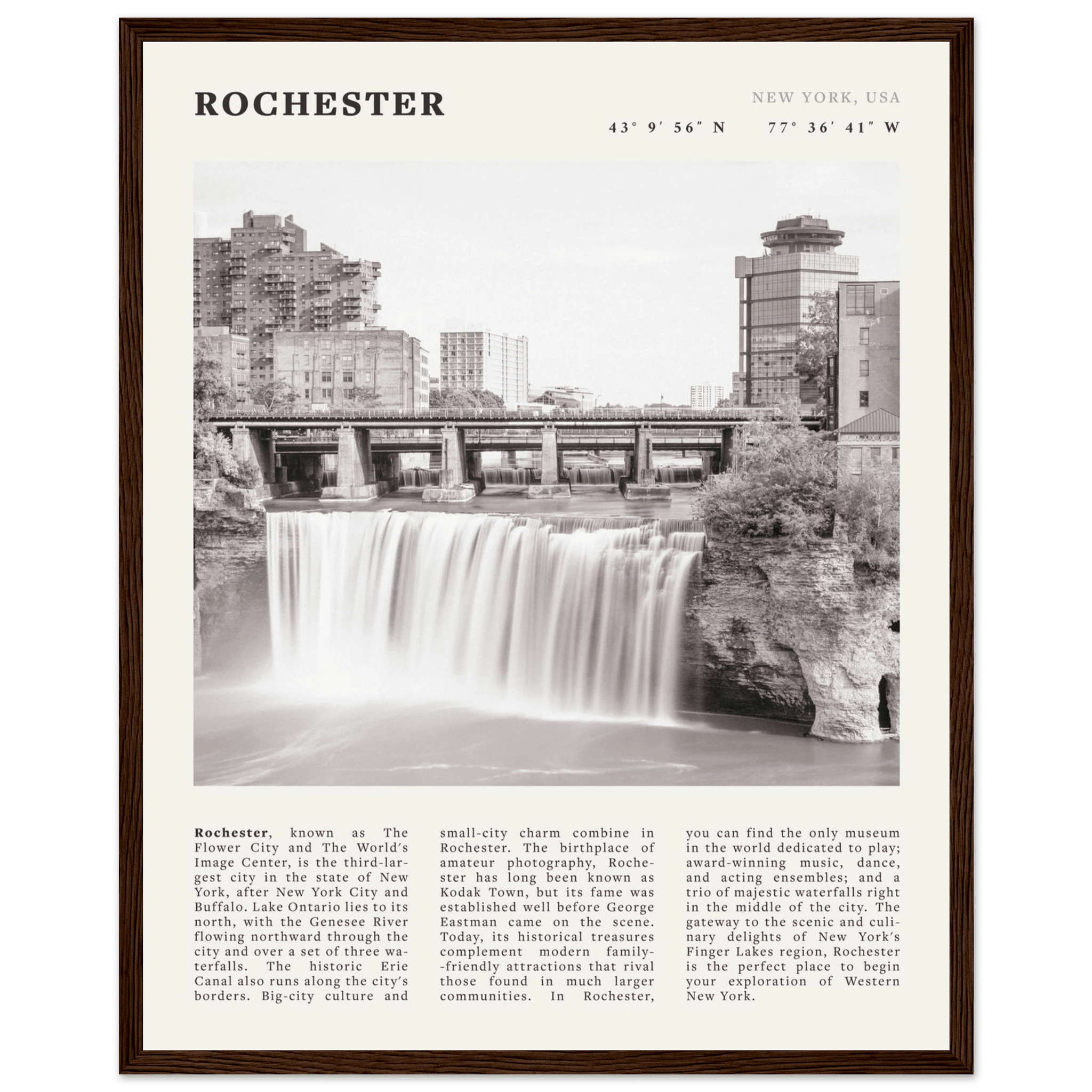 Rochester Poster | Black & White High Falls Wall Art | New York Travel Print - Evergreen Posters