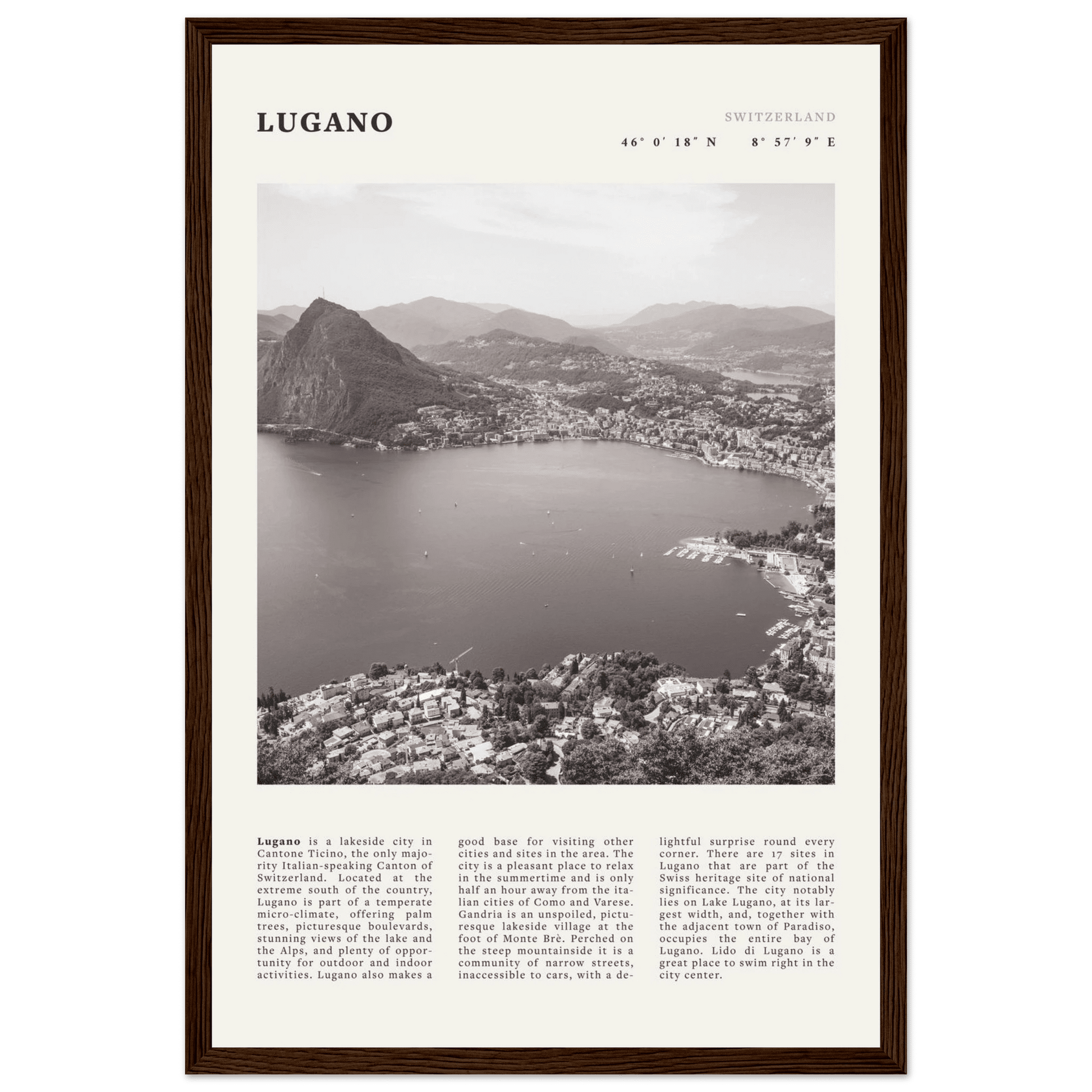 Lugano Poster | Black & White Swiss Lake Wall Art | Switzerland Travel Print - Evergreen Posters