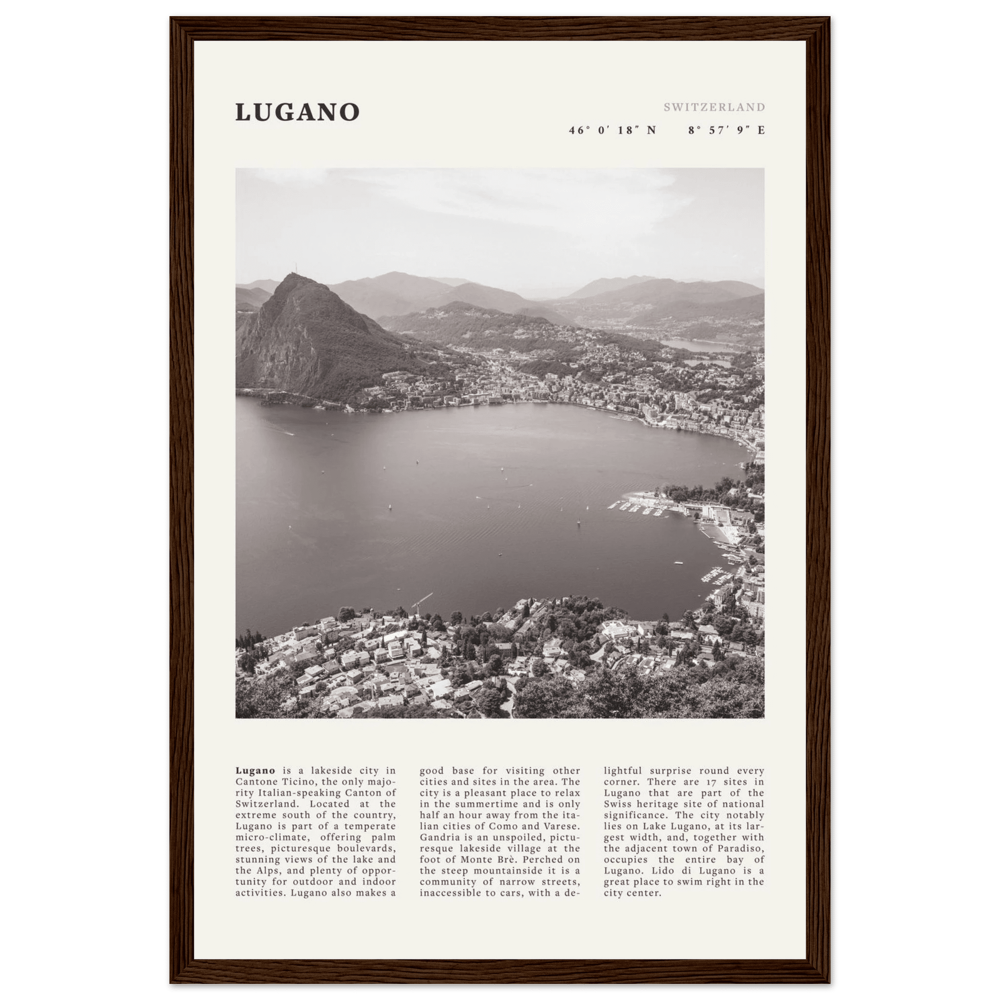 Lugano Poster | Black & White Swiss Lake Wall Art | Switzerland Travel Print - Evergreen Posters