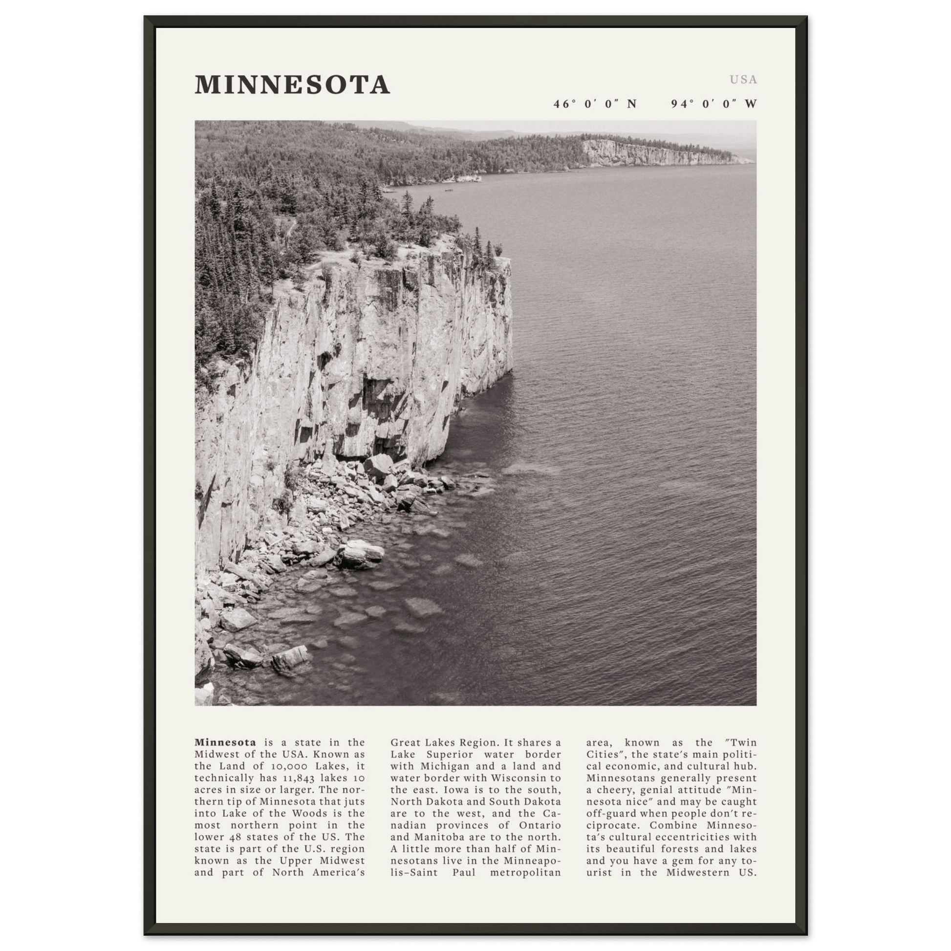 Minnesota Poster | Black & White Lake Superior Wall Art | USA Nature Travel Print - Evergreen Posters