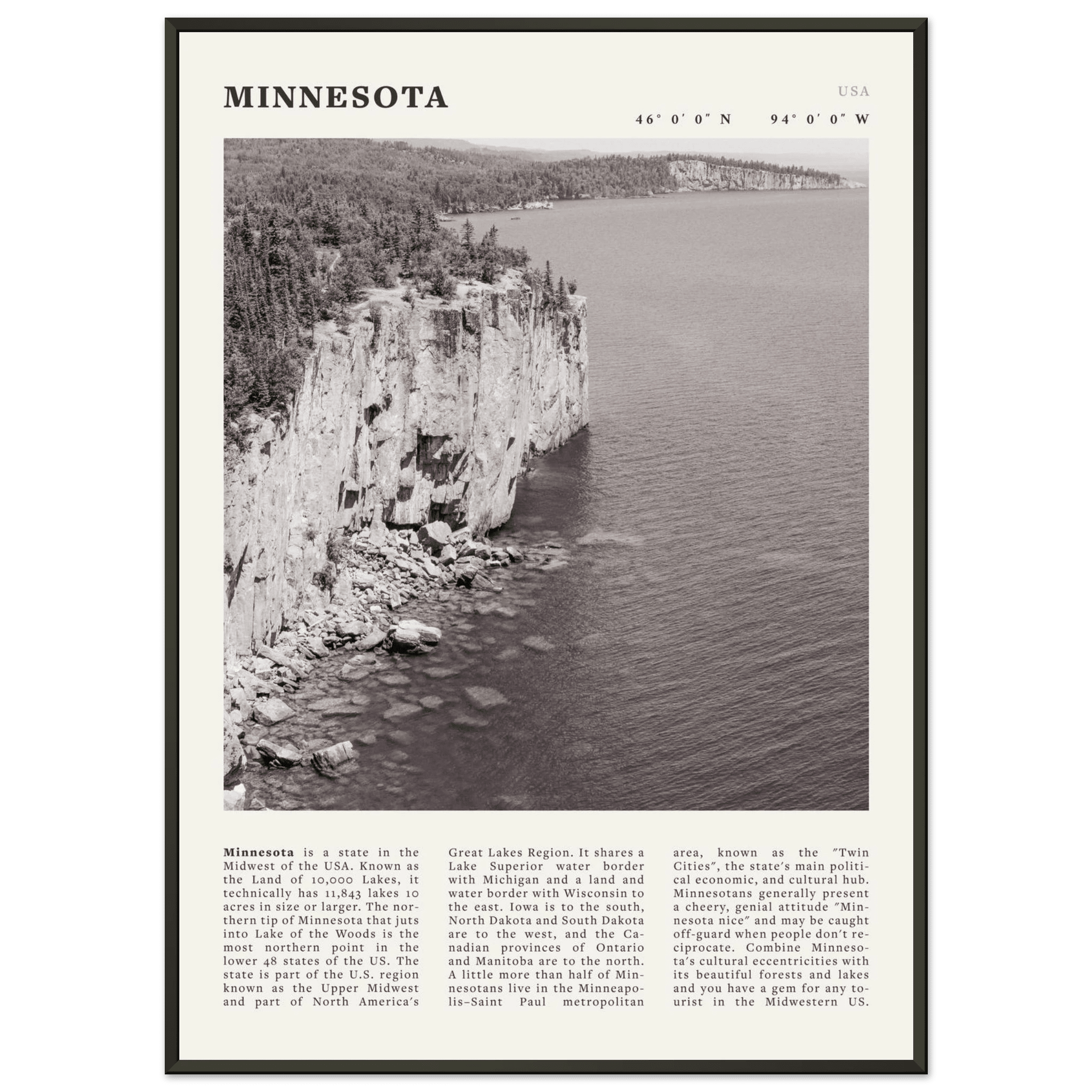 Minnesota Poster | Black & White Lake Superior Wall Art | USA Nature Travel Print - Evergreen Posters