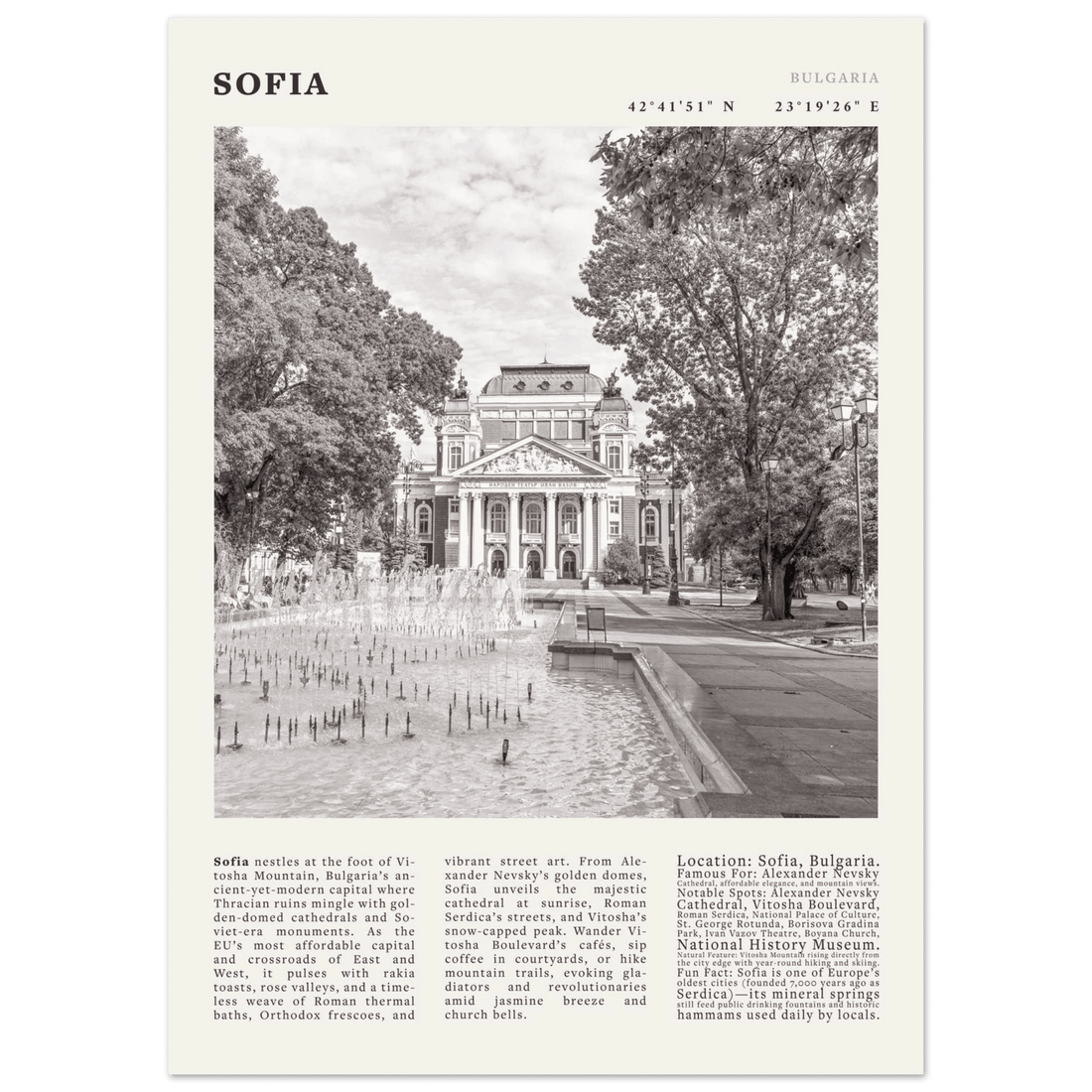 Sofia Bulgaria Travel Poster | Black & White City Print | Vintage Photography Wall Art Decor - Evergreen Posters