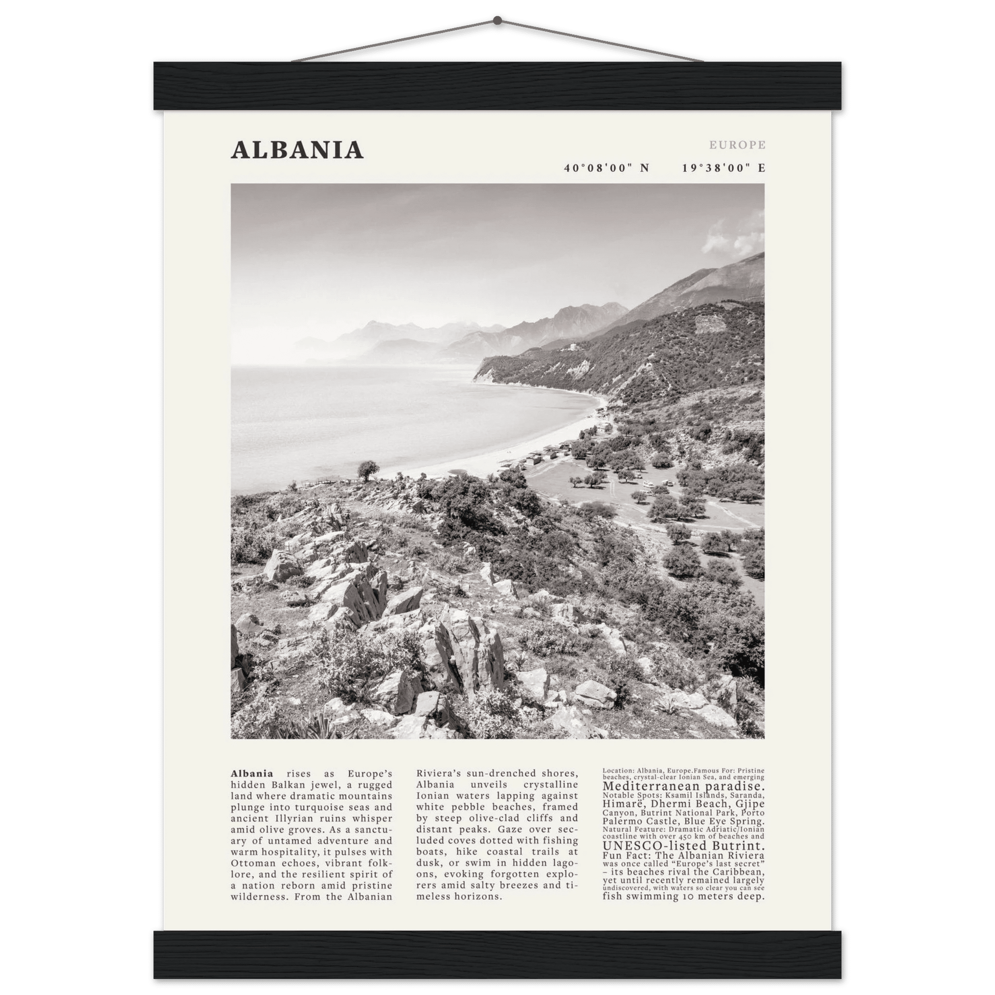 Albania Poster Black and White – Vintage Albanian Riviera Travel Print (Digital & Printed Options) - Evergreen Posters