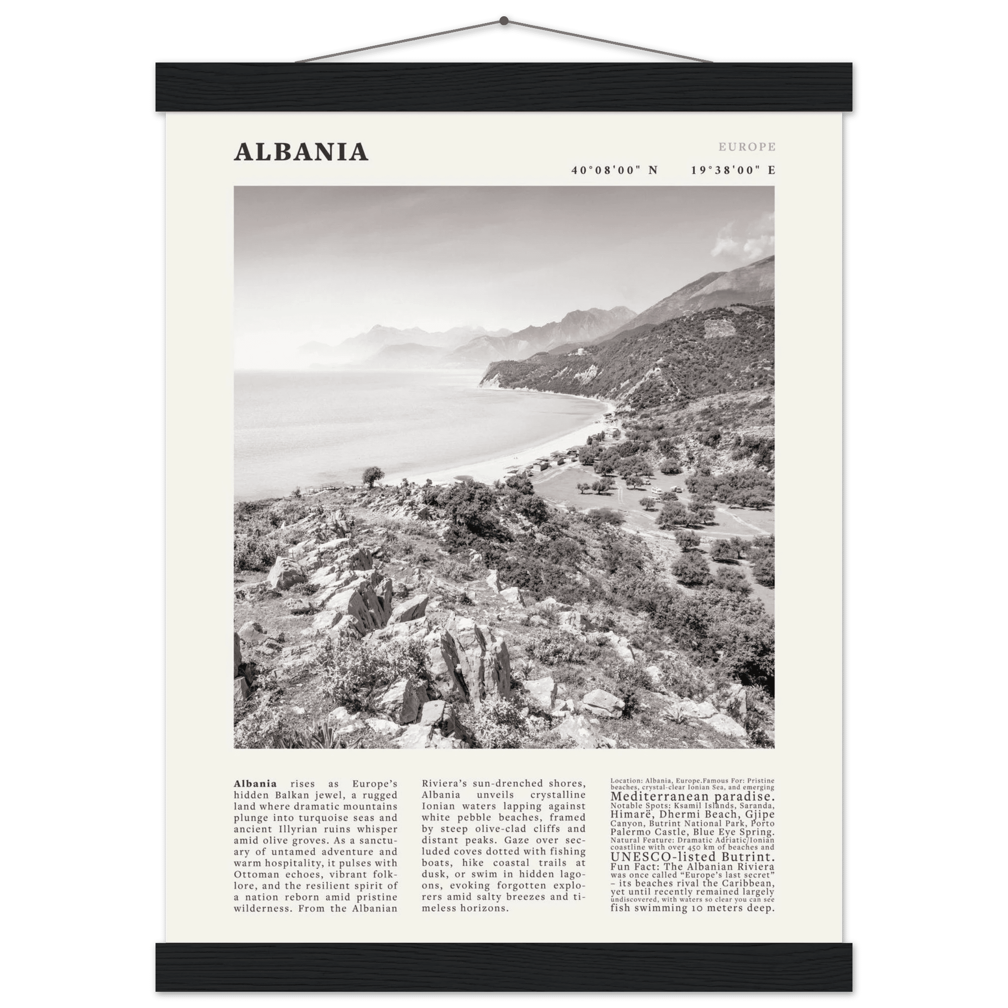 Albania Poster Black and White – Vintage Albanian Riviera Travel Print (Digital & Printed Options) - Evergreen Posters
