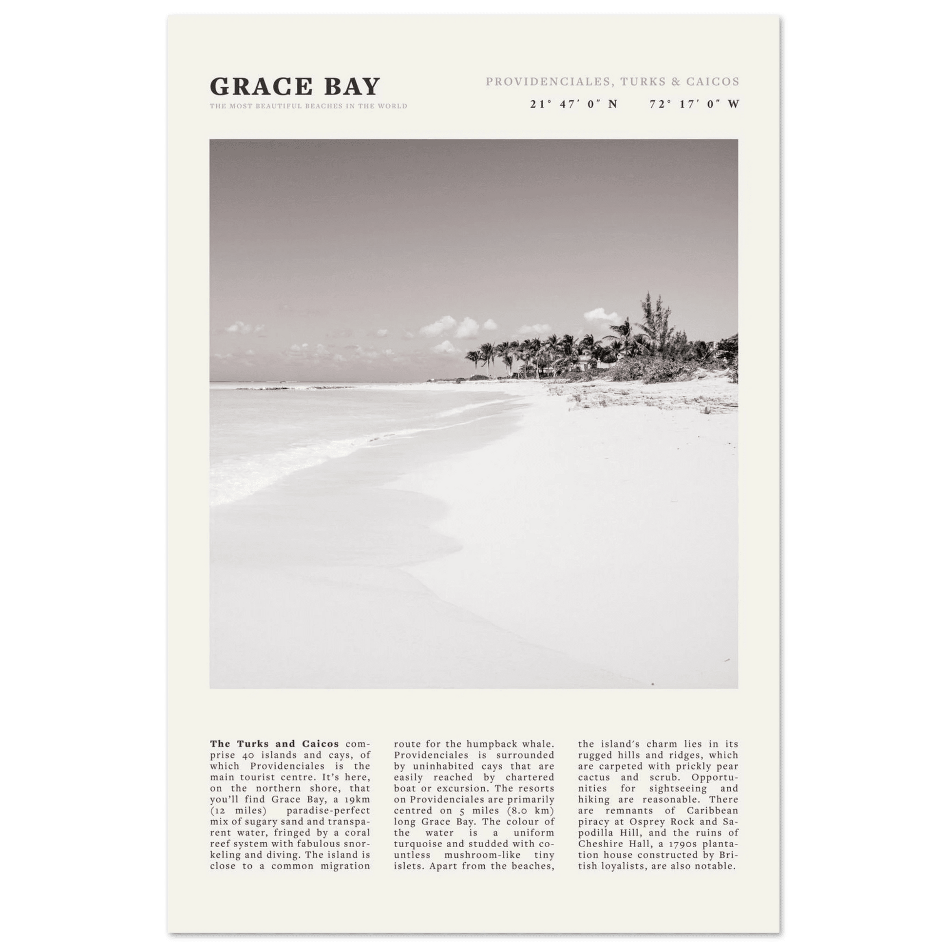 Grace Bay Poster | Black & White Turks & Caicos Wall Art | Caribbean Beach Print - Evergreen Posters