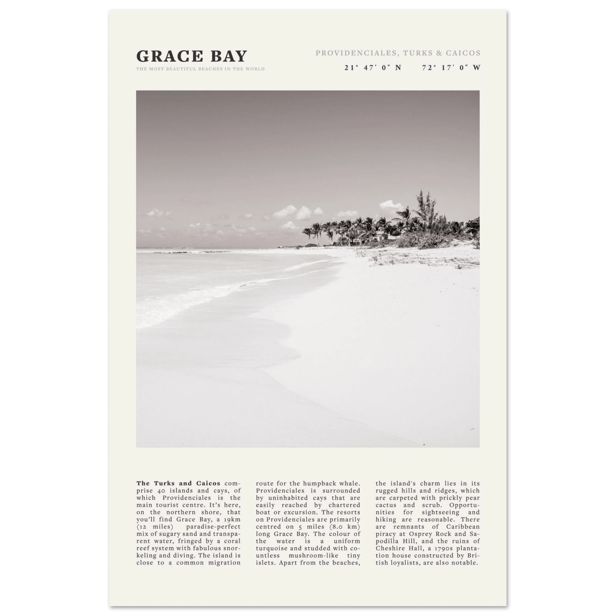 Grace Bay Poster | Black & White Turks & Caicos Wall Art | Caribbean Beach Print - Evergreen Posters