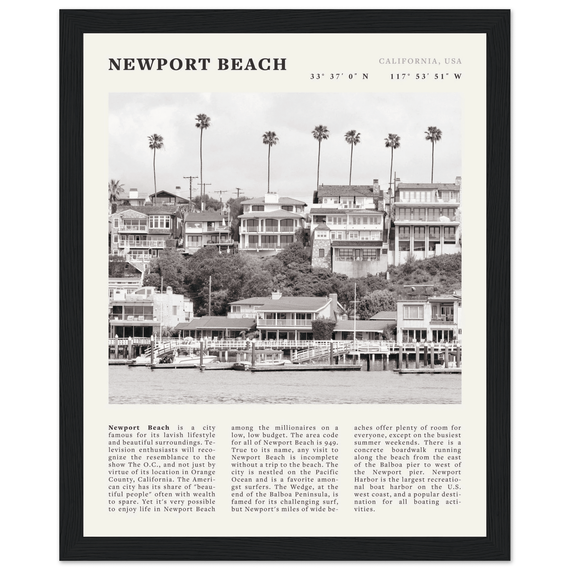 Newport Beach Poster | Black & White California Harbor Wall Art | Coastal Print - Evergreen Posters