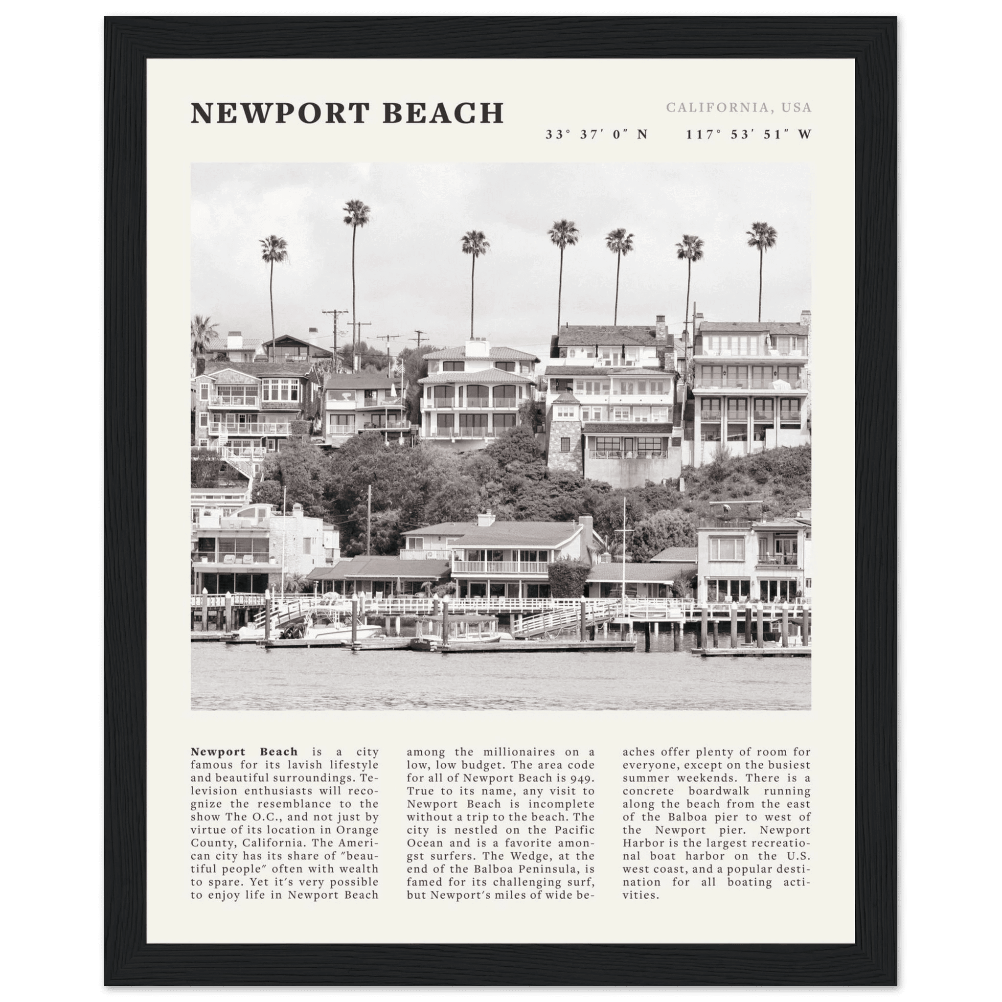 Newport Beach Poster | Black & White California Harbor Wall Art | Coastal Print - Evergreen Posters