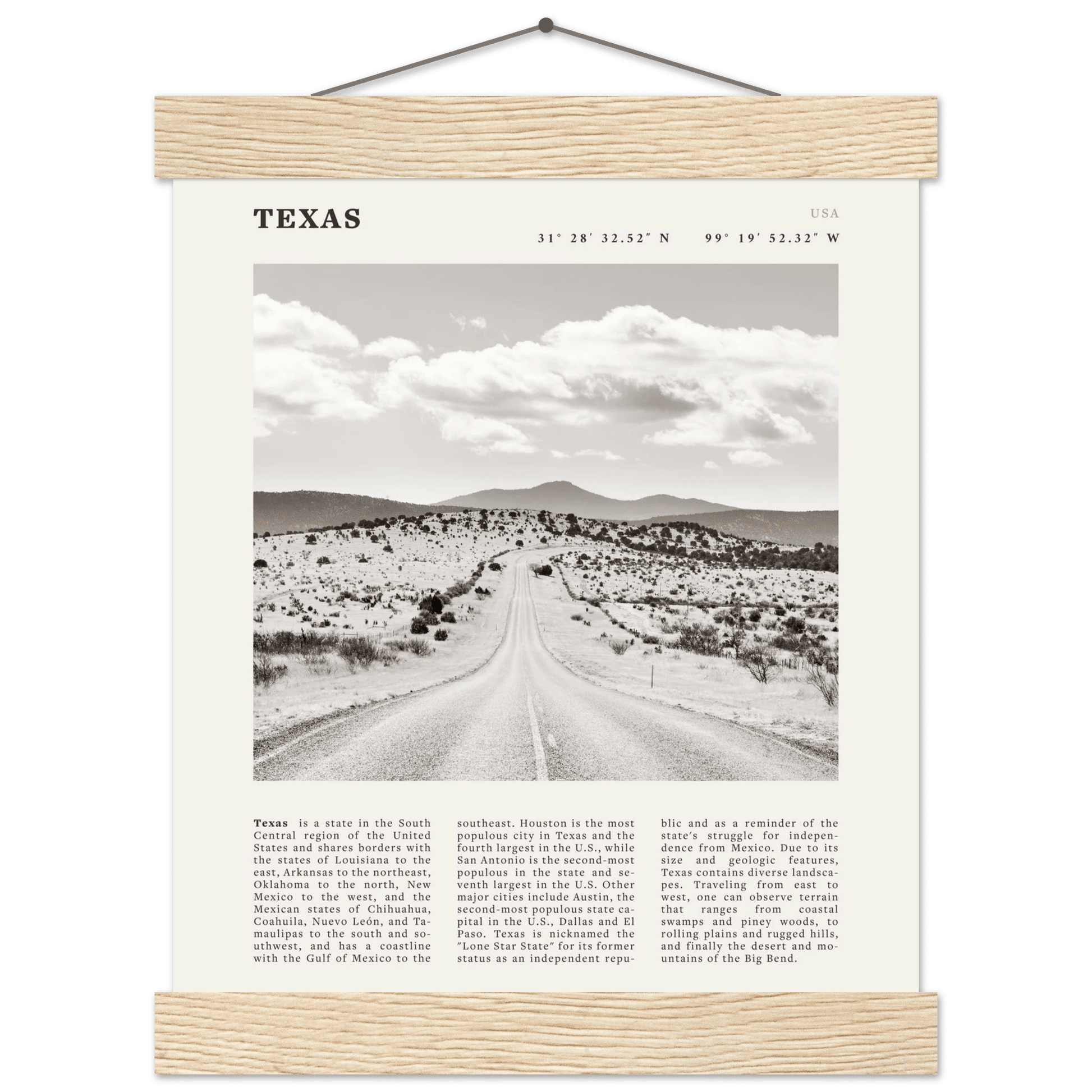 Texas Poster | Black & White Lone Star Road Wall Art | USA Travel Print Decor - Evergreen Posters