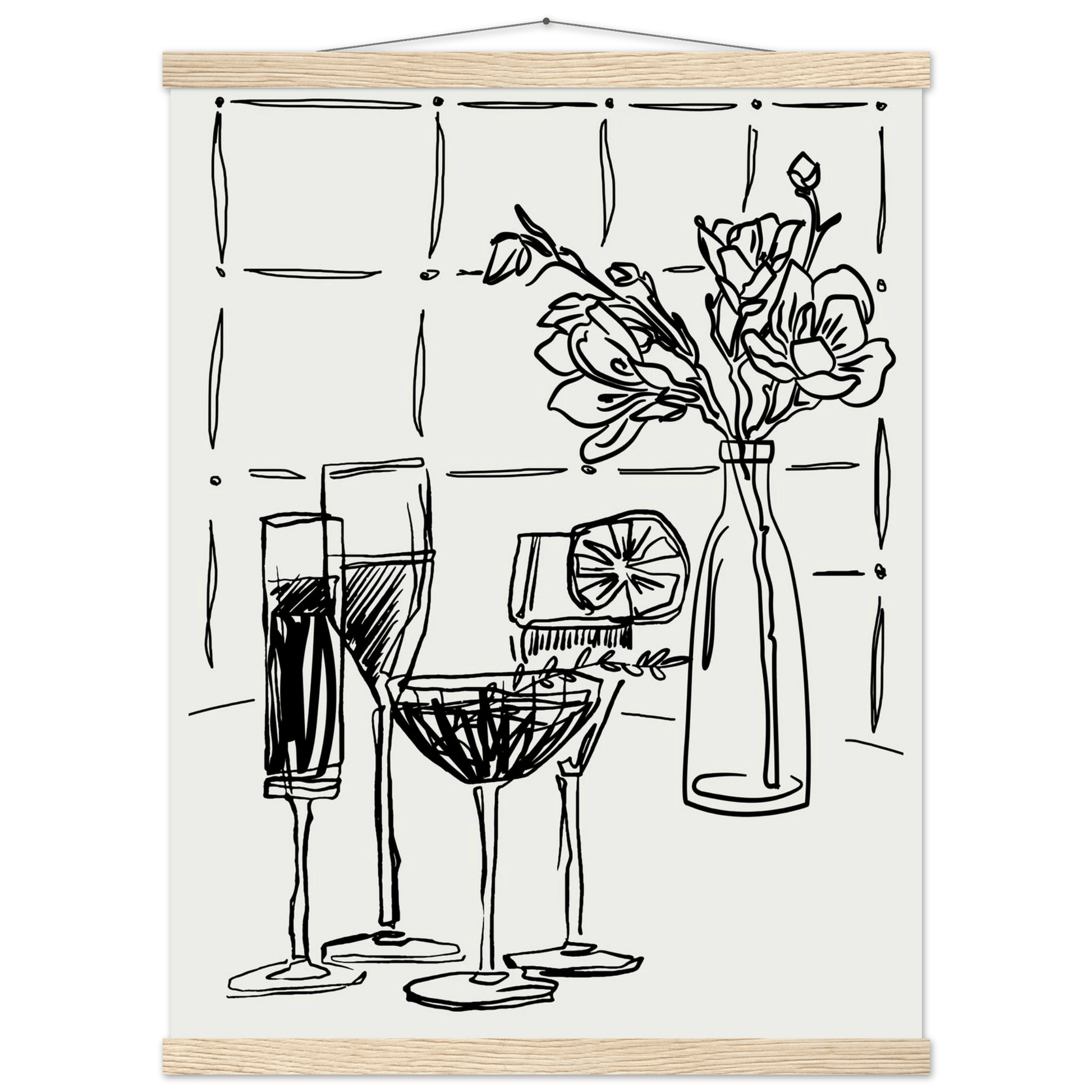 Cocktails & Flowers Print | Black Line Art Drinks Wall Art | Kitchen Bar Poster - Evergreen Posters