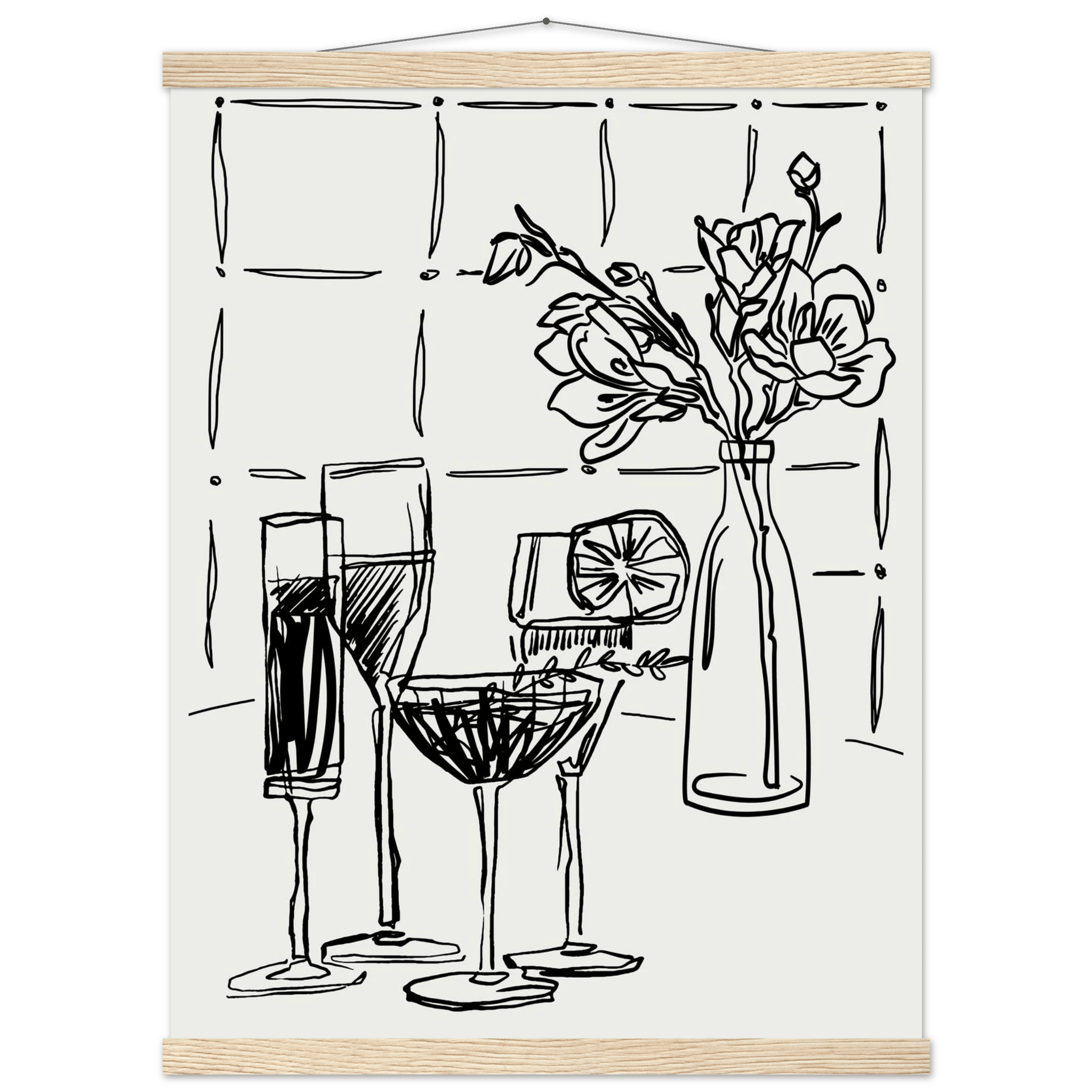 Cocktails & Flowers Print | Black Line Art Drinks Wall Art | Kitchen Bar Poster - Evergreen Posters