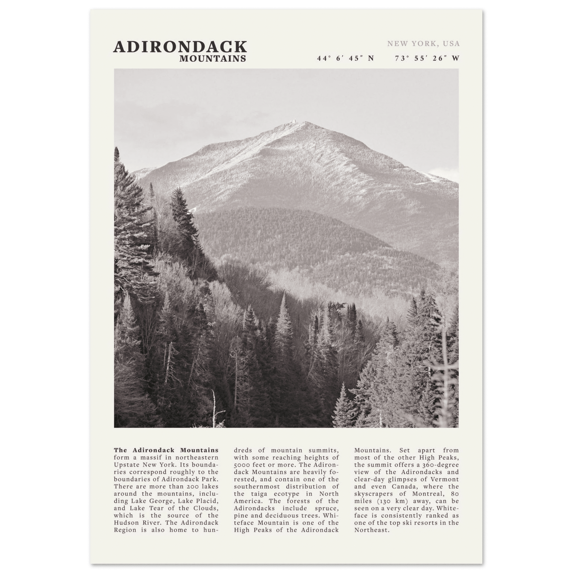 Adirondack Mountains Poster | Black & White New York Nature Wall Art | Hiking Print - Evergreen Posters