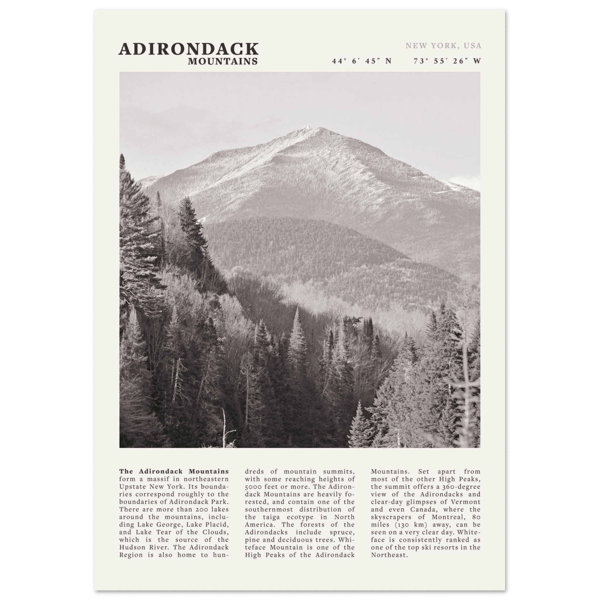 Adirondack Mountains Poster | Black & White New York Nature Wall Art | Hiking Print - Evergreen Posters