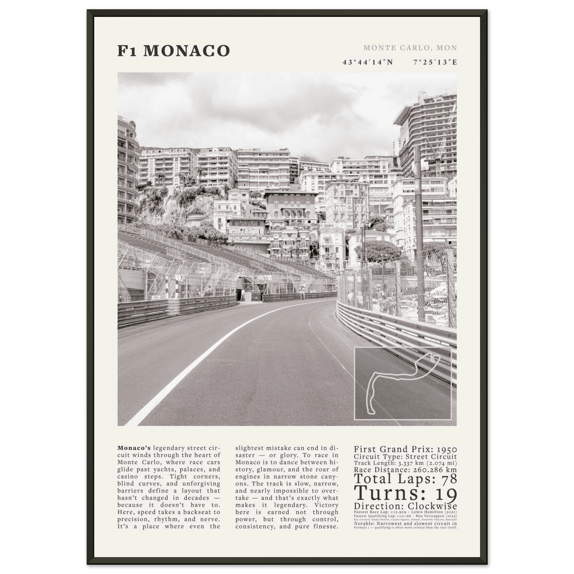 F1 Monaco Poster Black and White – Vintage Monte Carlo Street Circuit Print (Digital & Printed Options) - Evergreen Posters