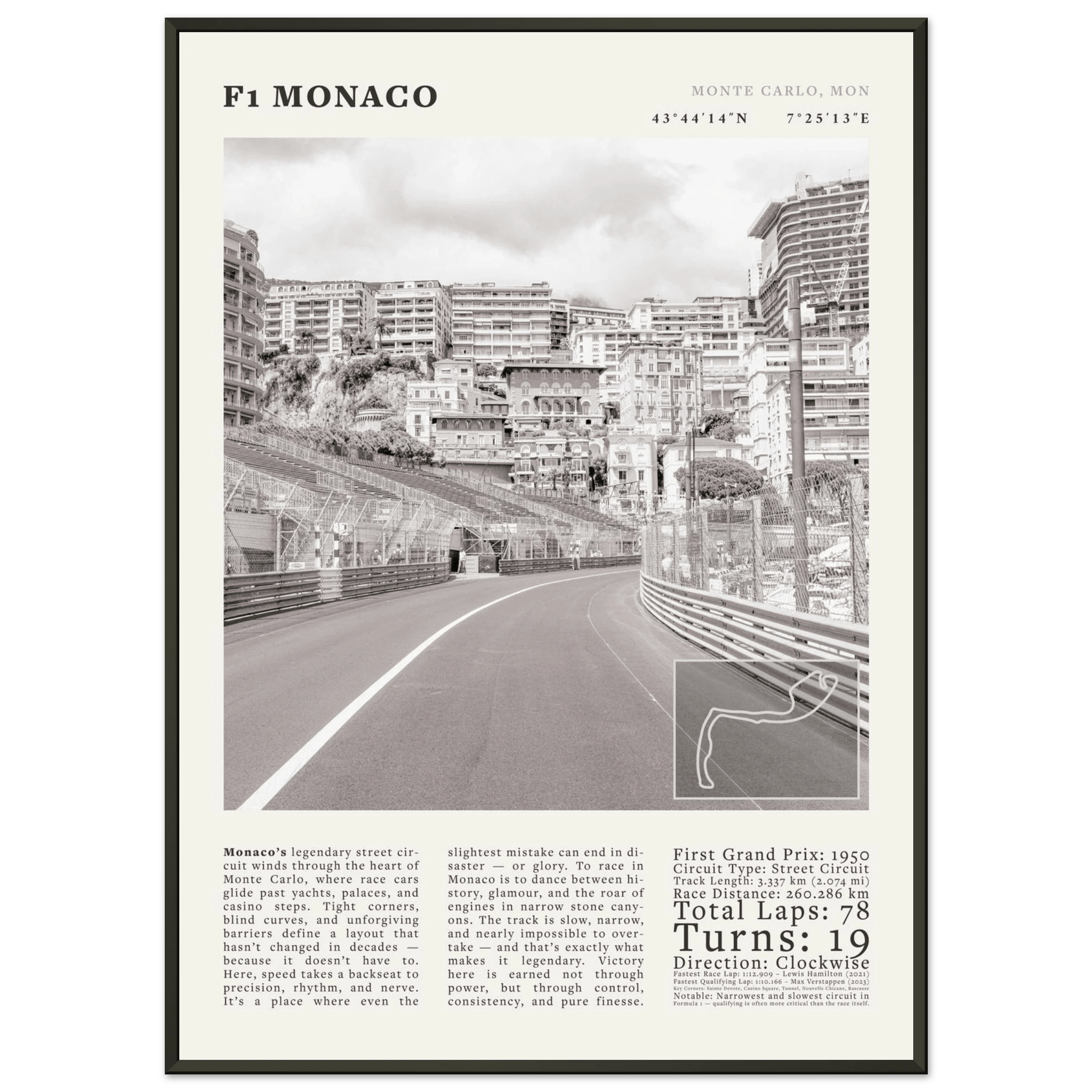 F1 Monaco Poster Black and White – Vintage Monte Carlo Street Circuit Print (Digital & Printed Options) - Evergreen Posters