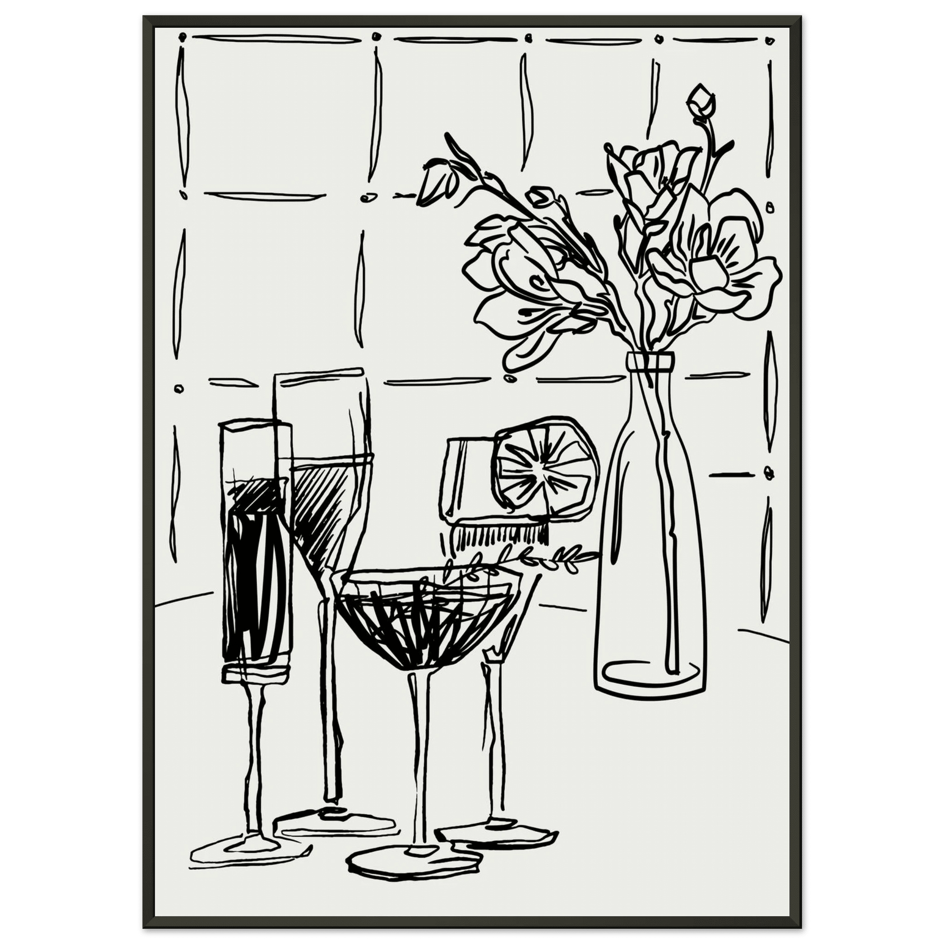 Cocktails & Flowers Print | Black Line Art Drinks Wall Art | Kitchen Bar Poster - Evergreen Posters