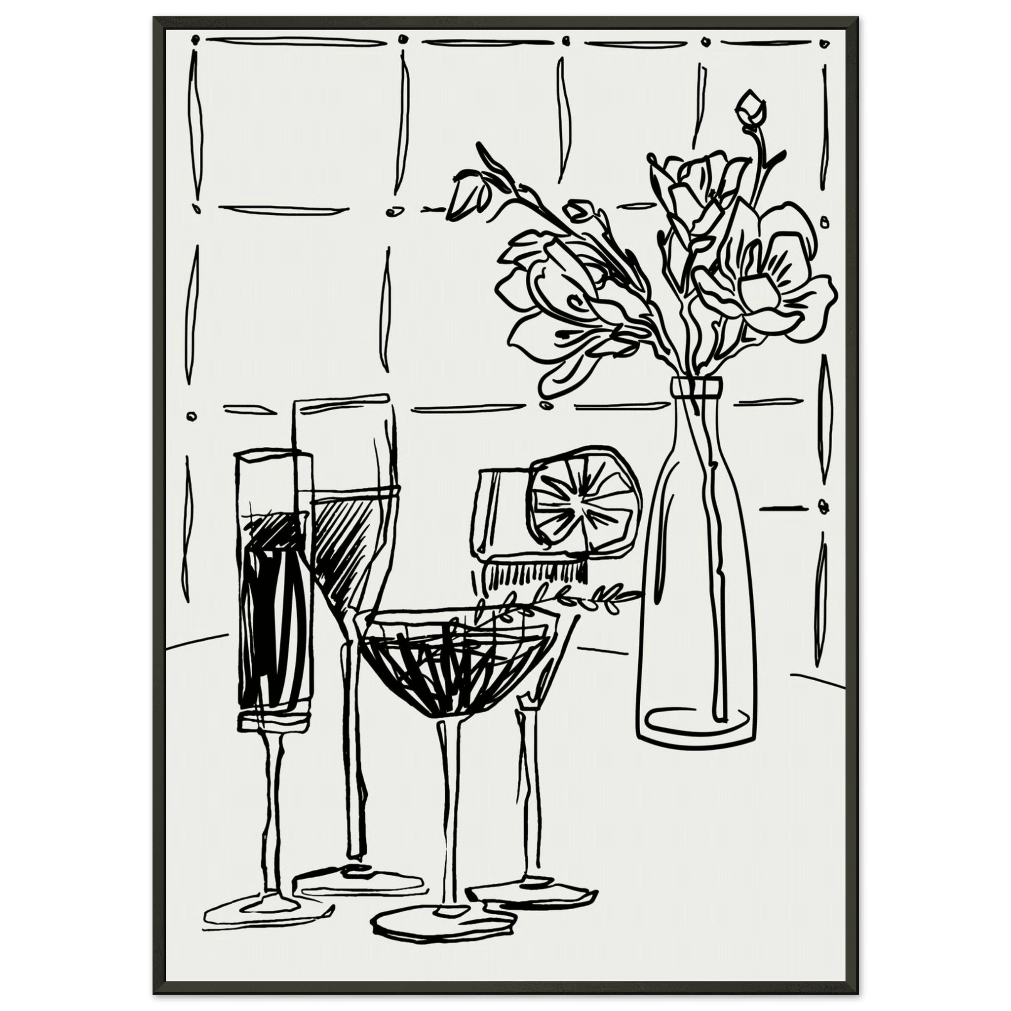 Cocktails & Flowers Print | Black Line Art Drinks Wall Art | Kitchen Bar Poster - Evergreen Posters