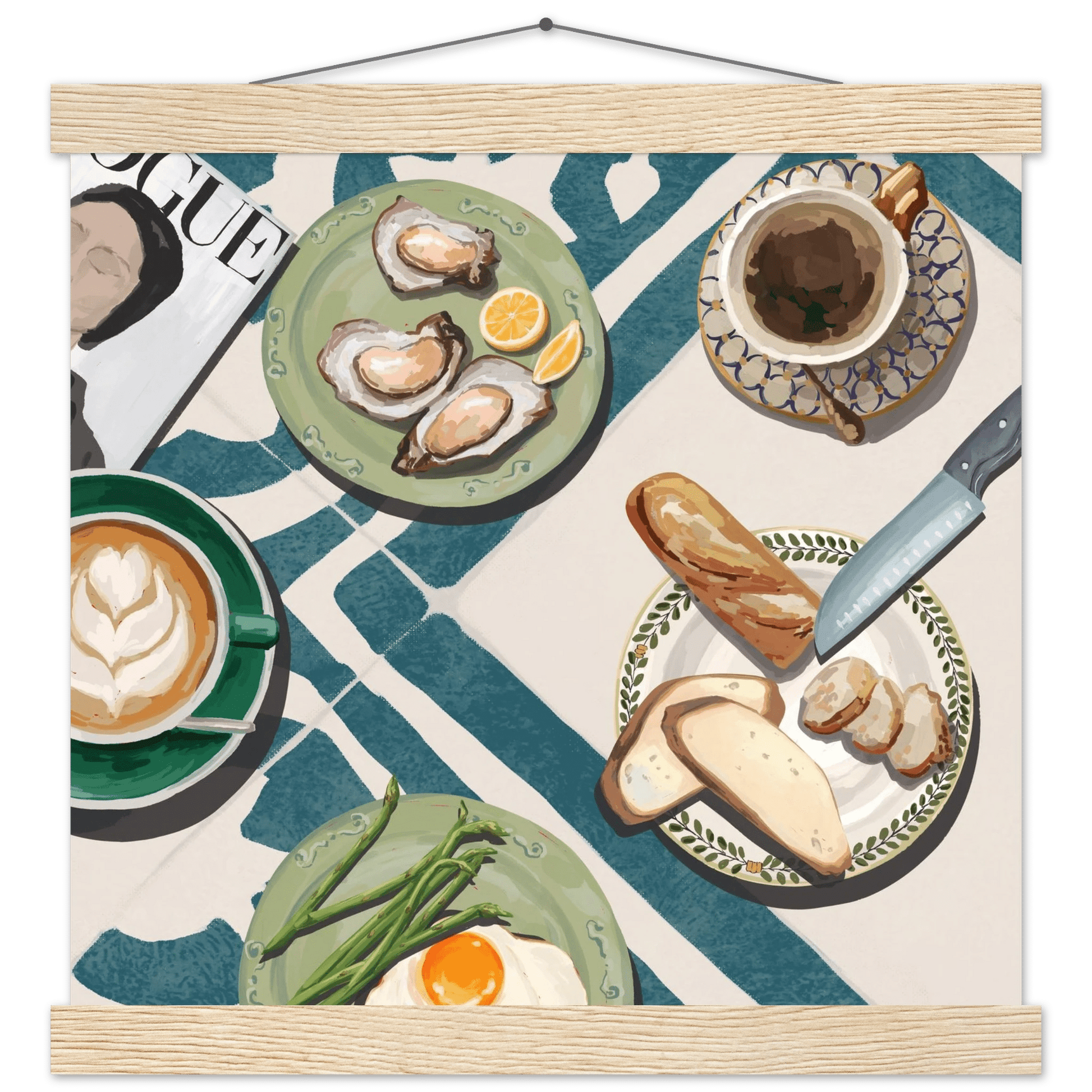 Oysters & Vogue Brunch Poster | Luxury Kitchen Wall Art | Blue Tile Square Print - Evergreen Posters - 27