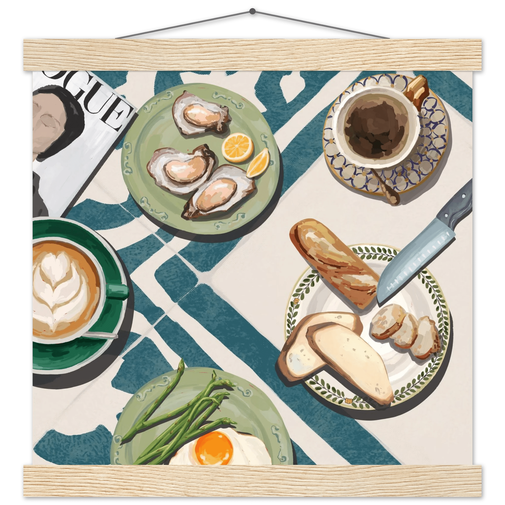 Oysters & Vogue Brunch Poster | Luxury Kitchen Wall Art | Blue Tile Square Print - Evergreen Posters - 27