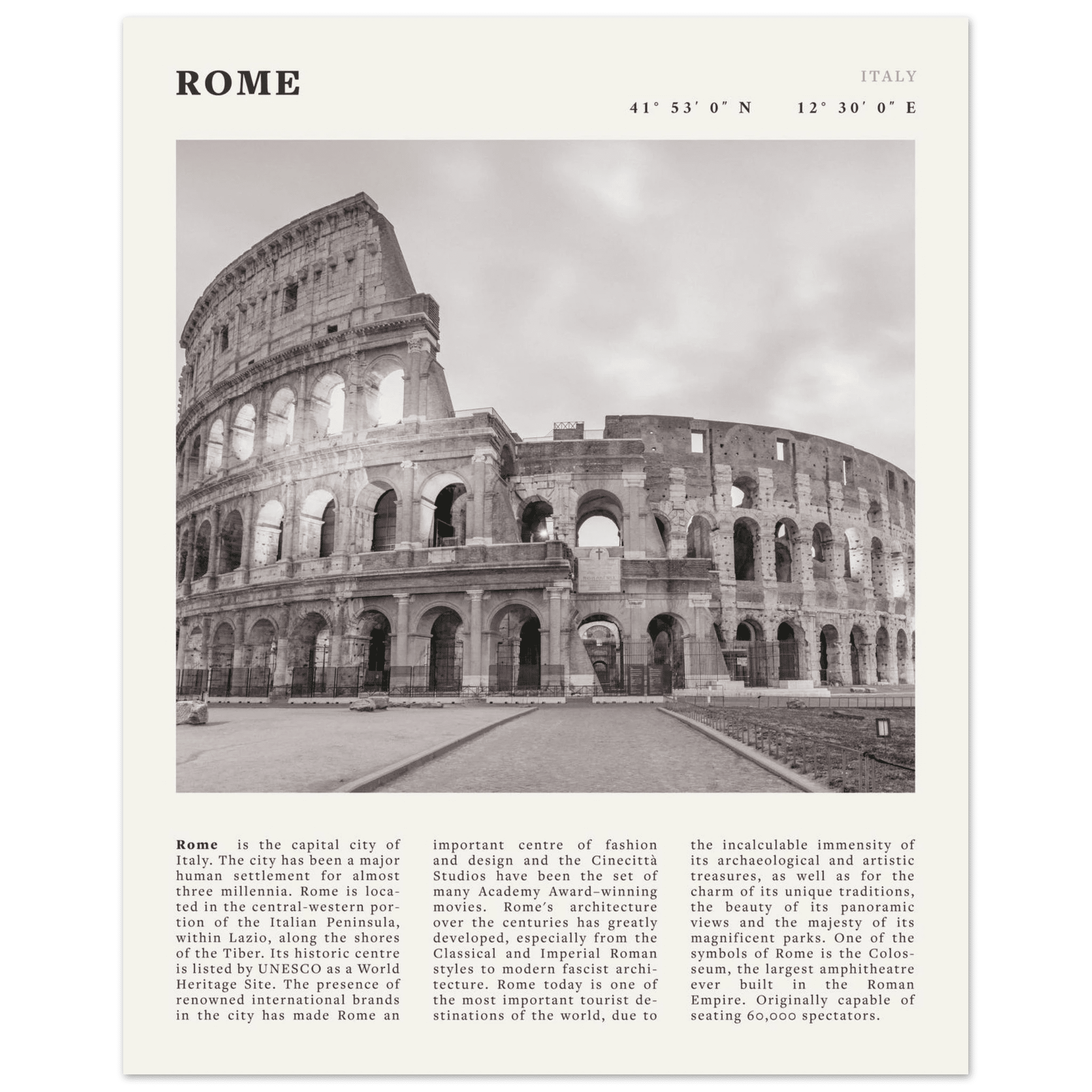 Rome Poster | Black & White Colosseum Wall Art | Italy Travel Print | Roman Decor - Evergreen Posters